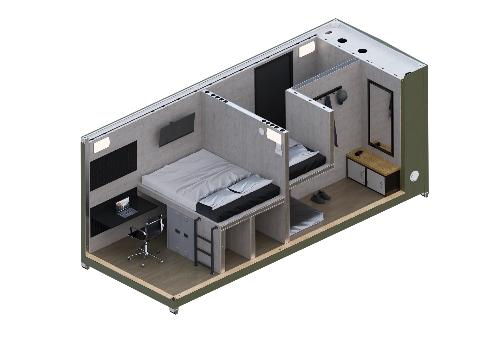Cutaway isometric render of a BunkBox living unit: a raised bed over storage with a ladder, locker and a desk with chair beside it, bunk beds behind a partition, and a dressing area with coat hooks, a full-length mirror and a storage bench