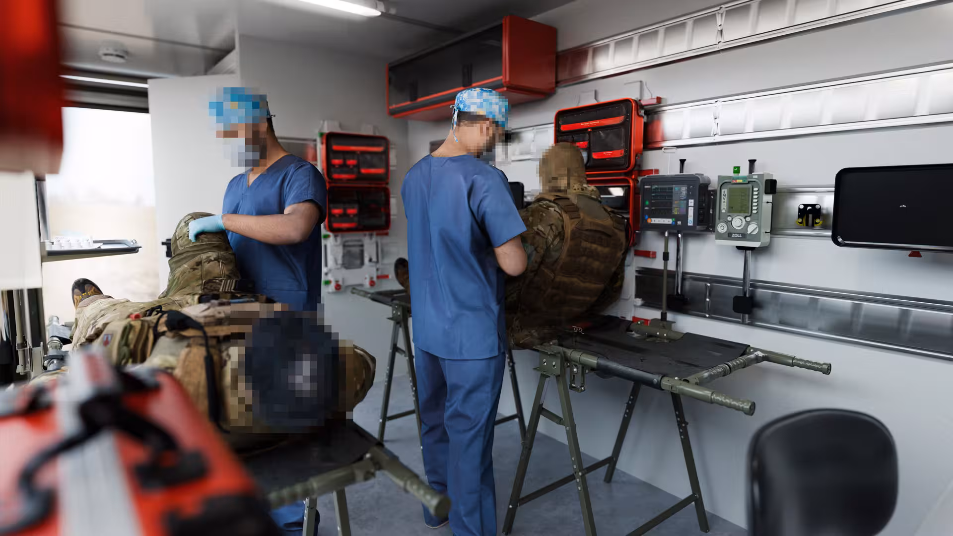 Medics treating casualties on field stretchers inside a deployable clinic — same attachment as the homepage Medical card, so the alt you set there covers this too
