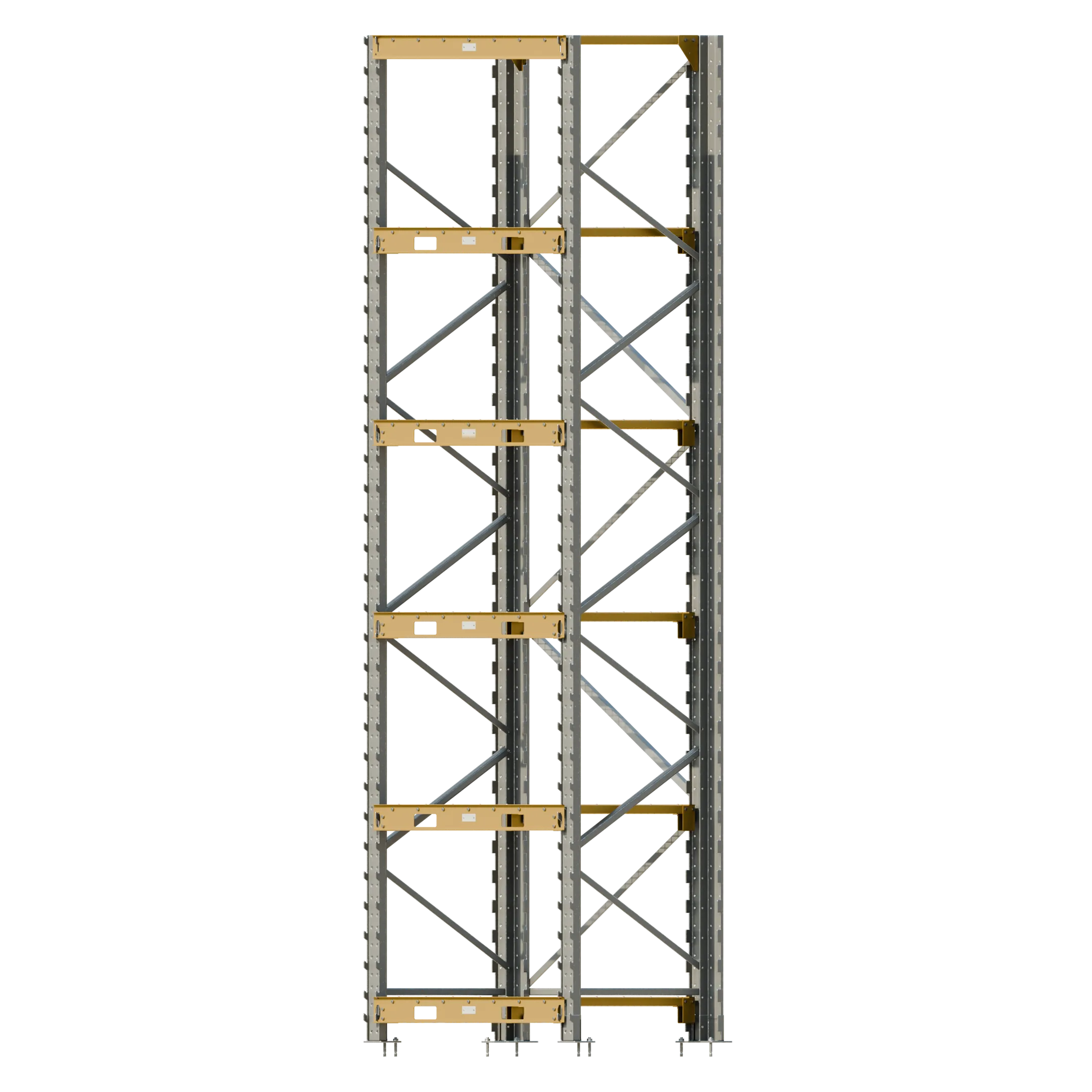 A side elevation of an IARS bay: punched steel uprights with diagonal cross-bracing, carrying six levels of adjustable pallet load ribs