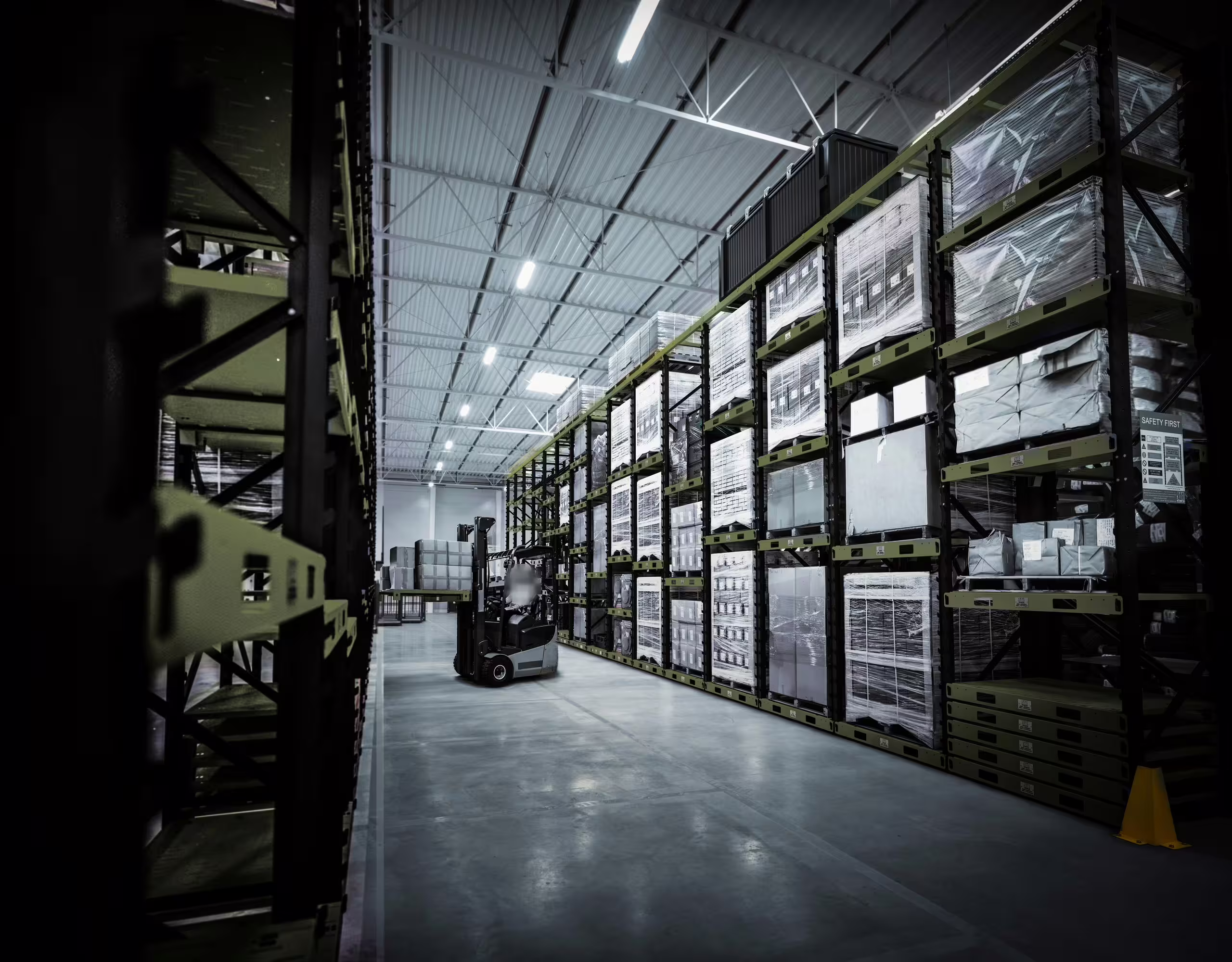 A long warehouse aisle between tall runs of olive-green IARS racking loaded with shrink-wrapped and crated stores on every level, a forklift working at the far end under continuous roof lighting