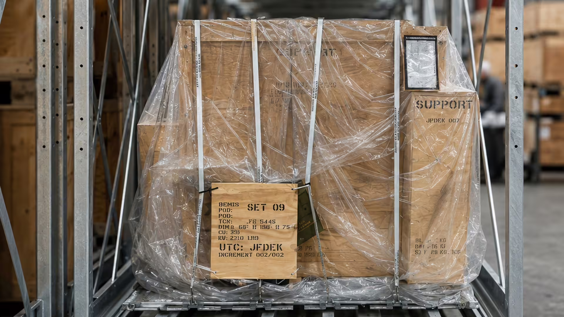 A single CargoCuber frame holding a shrink-wrapped pallet with a timber crate seated above it, the crate stencilled with a dunnage requirement
