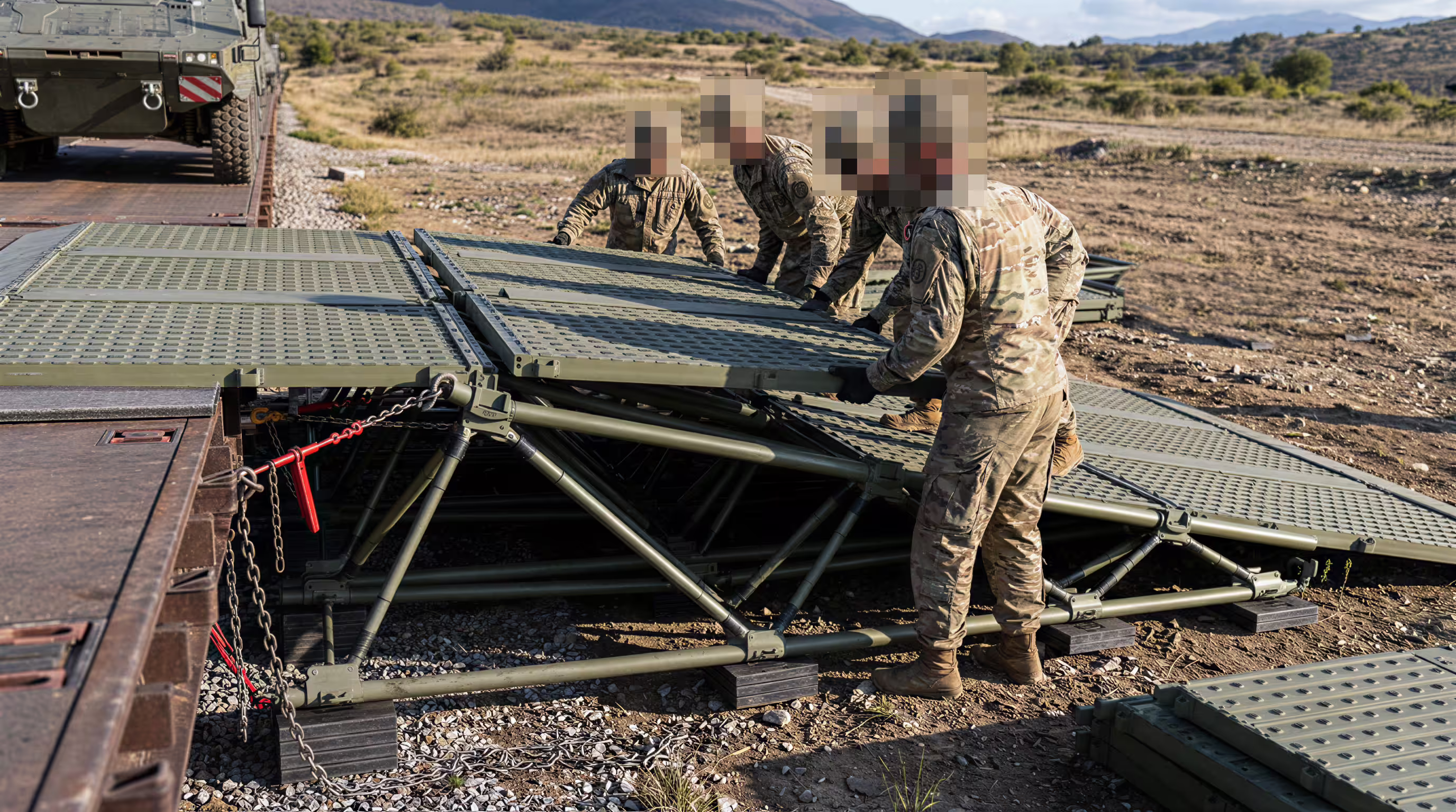Soldiers unfolding ER40 deck panels by hand beside a rail flatcar