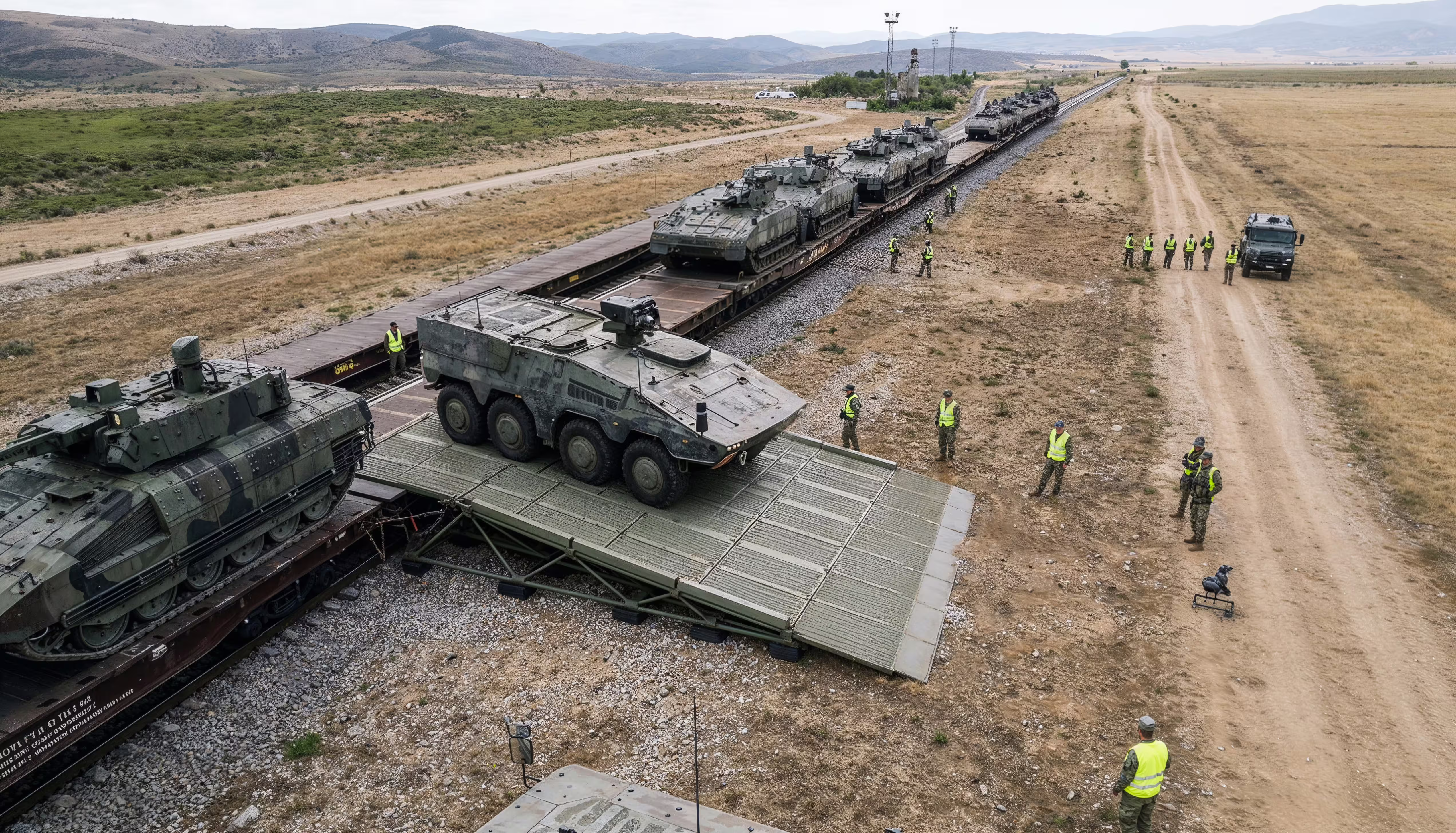 Armoured vehicles driving off a military train over an ER40 rail ramp