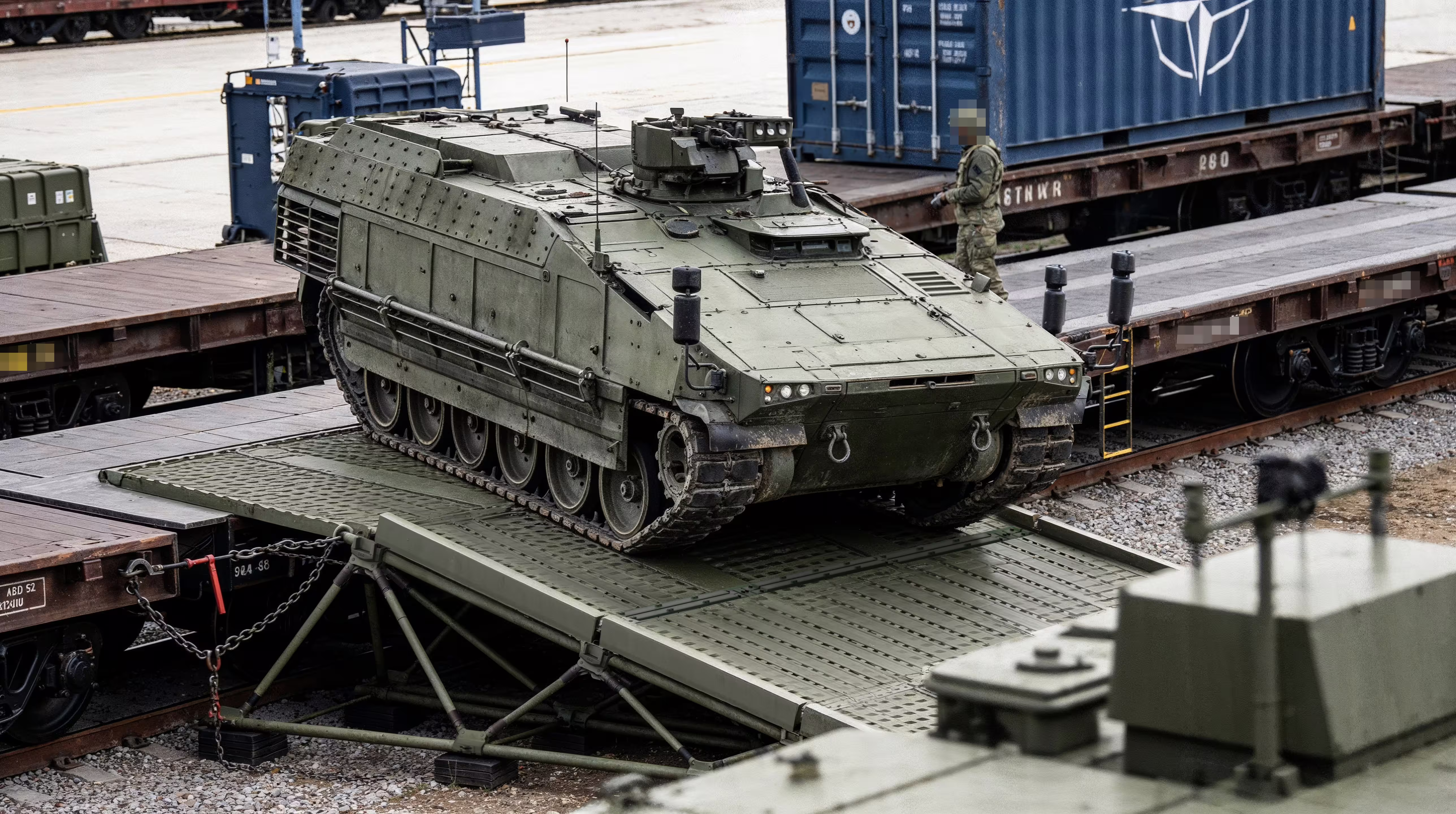 Tracked armoured vehicle side-offloading between railcars over an ER40 ramp at a rail container terminal