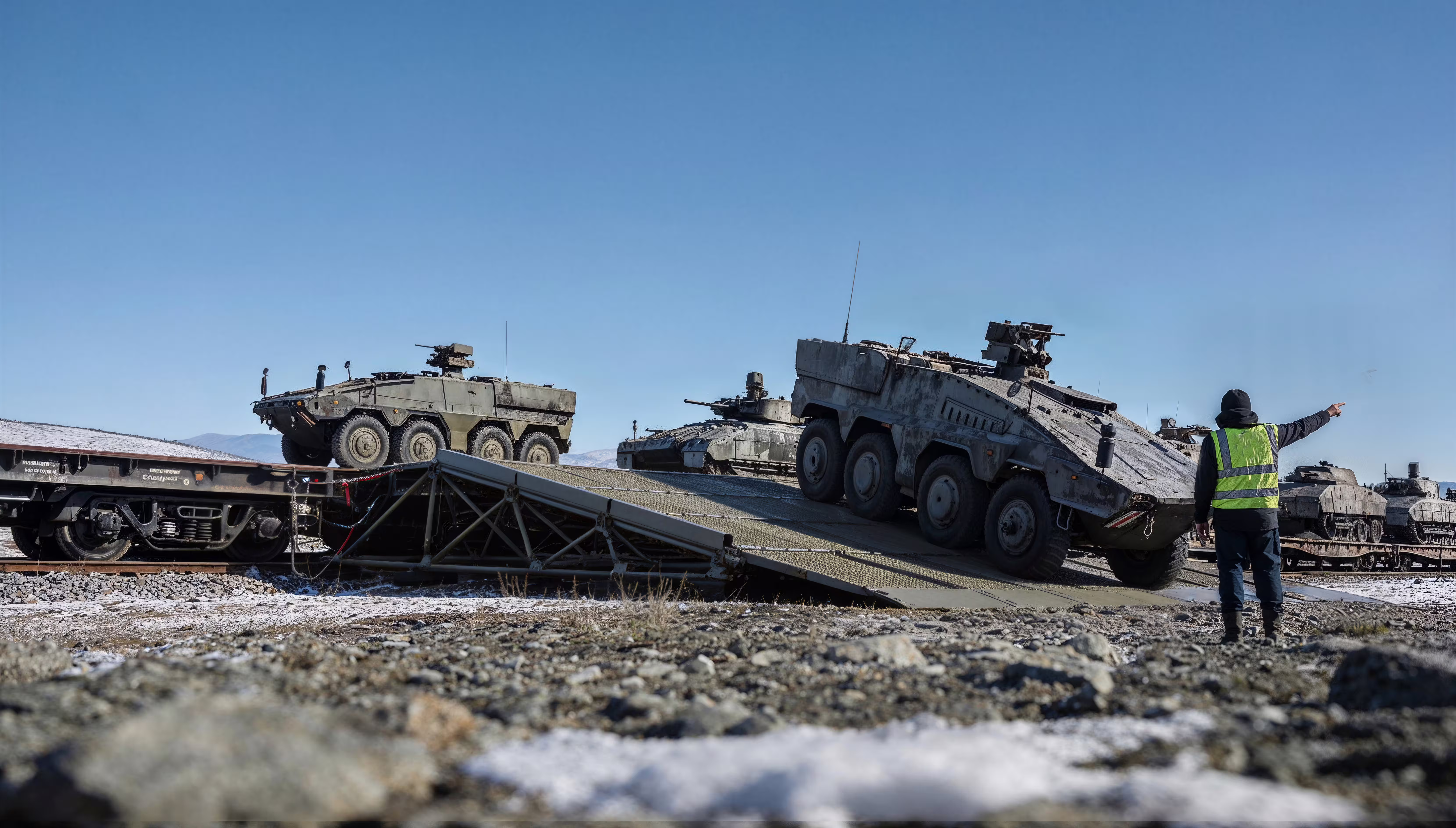 Armoured vehicle driving down an ER40 ramp onto unprepared ground, marshal signalling