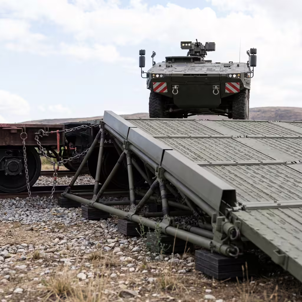 Eight-wheeled armoured vehicle at the top of an ER40 ramp, with the tubular truss structure in the foreground