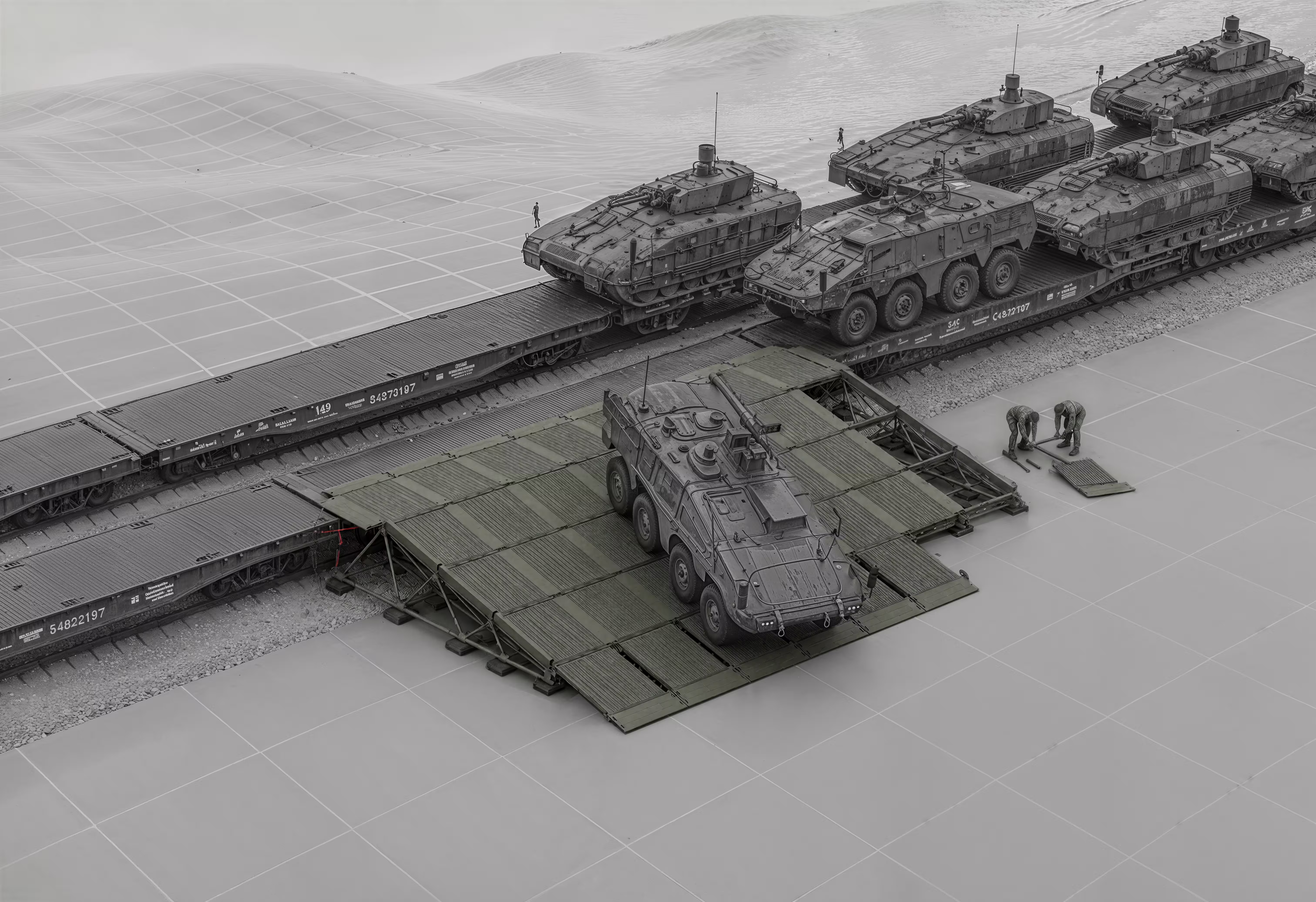 Concept render of an ER40 ramp deployed beside a military train, with a vehicle driving down
