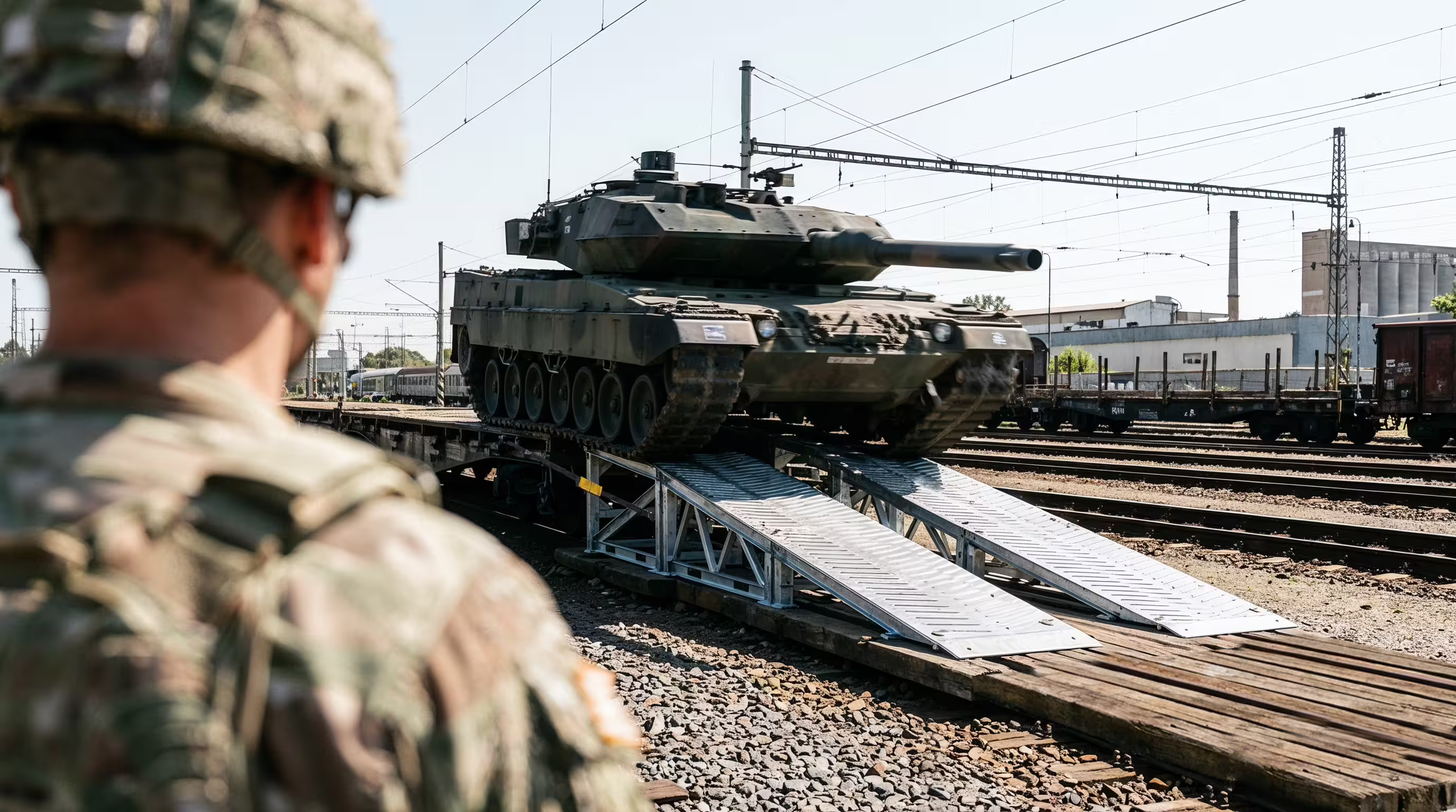 Main battle tank on a railcar at the top of twin MUDR-PD90 ramp tracks, soldier observing