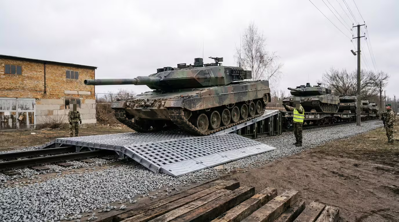 Main battle tank driving off a railcar over a MUDR-PD deployable ramp in winter