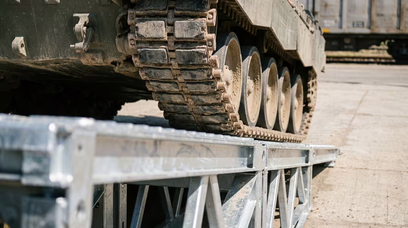 Low-angle close-up of a tracked armoured vehicle’s muddy tracks and road wheels on a galvanised steel truss ramp, with railway wagons in the background