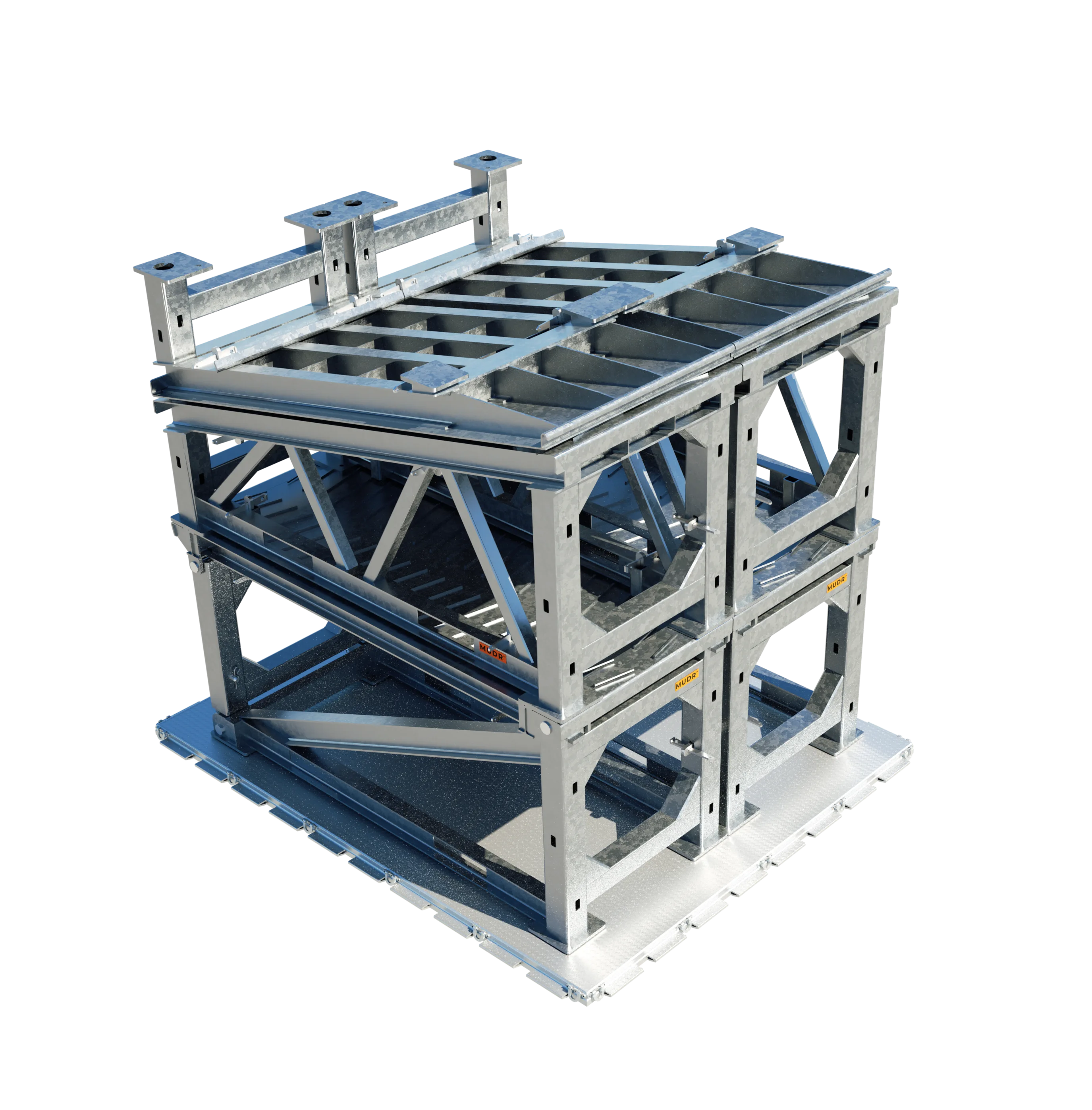 A galvanised MUDR-PD90 ramp frame rendered in isolation, its welded lattice sides and cross-bracing shown from a three-quarter view