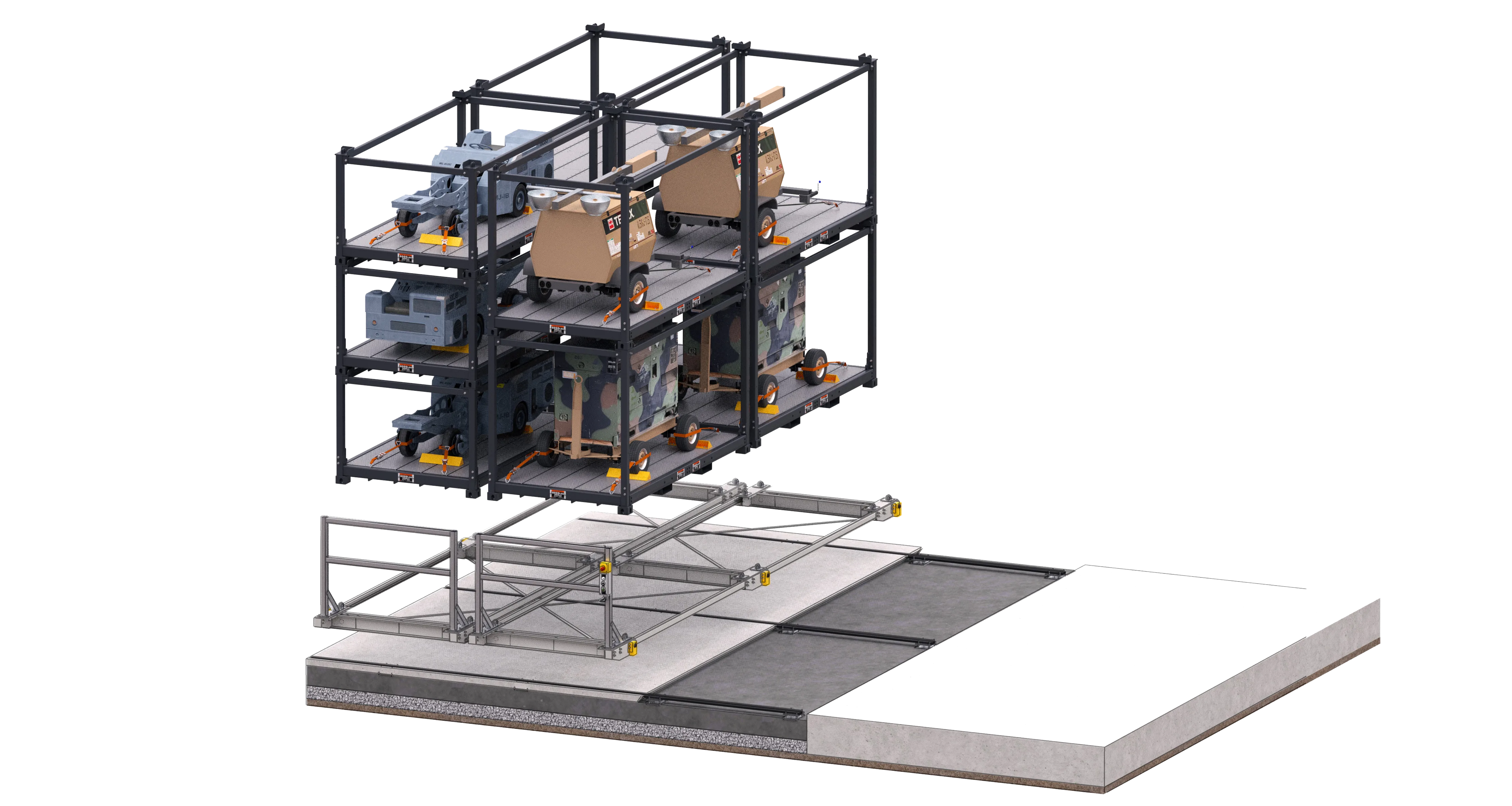 Exploded view of a RollingStack storage system: steel racks stacked up to three tiers high, holding ground-support carts, mobile light towers and camouflaged generators, strapped down and chocked, above its rolling base frame on rails set into a concrete pad