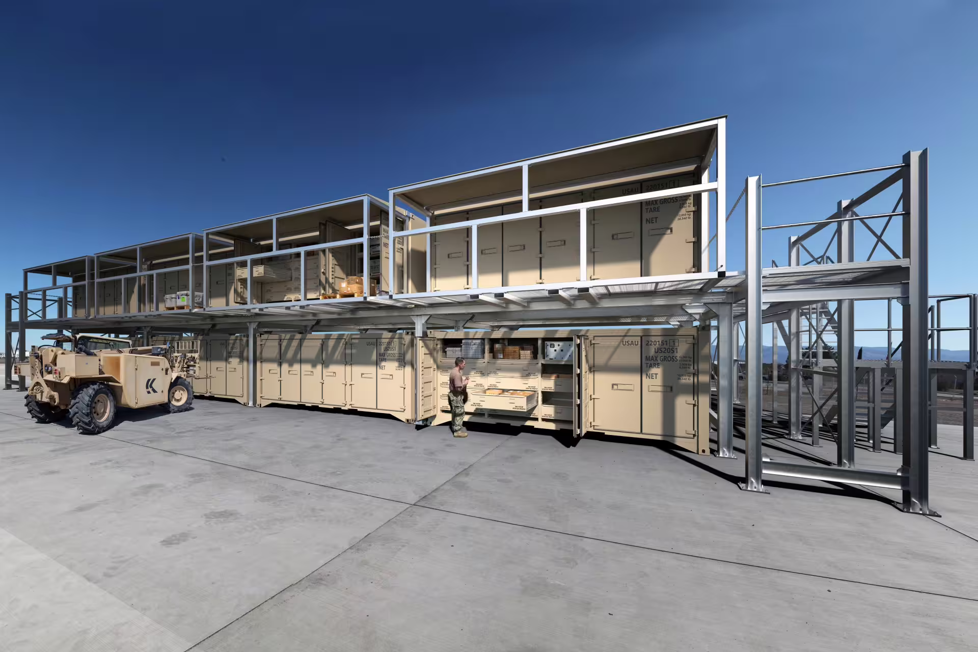 Visualisation of a two-storey containerised rack installation on a concrete apron: tan containers fitted with drawer and shelf modules under an open steel gantry, a telehandler alongside and one person at an open module