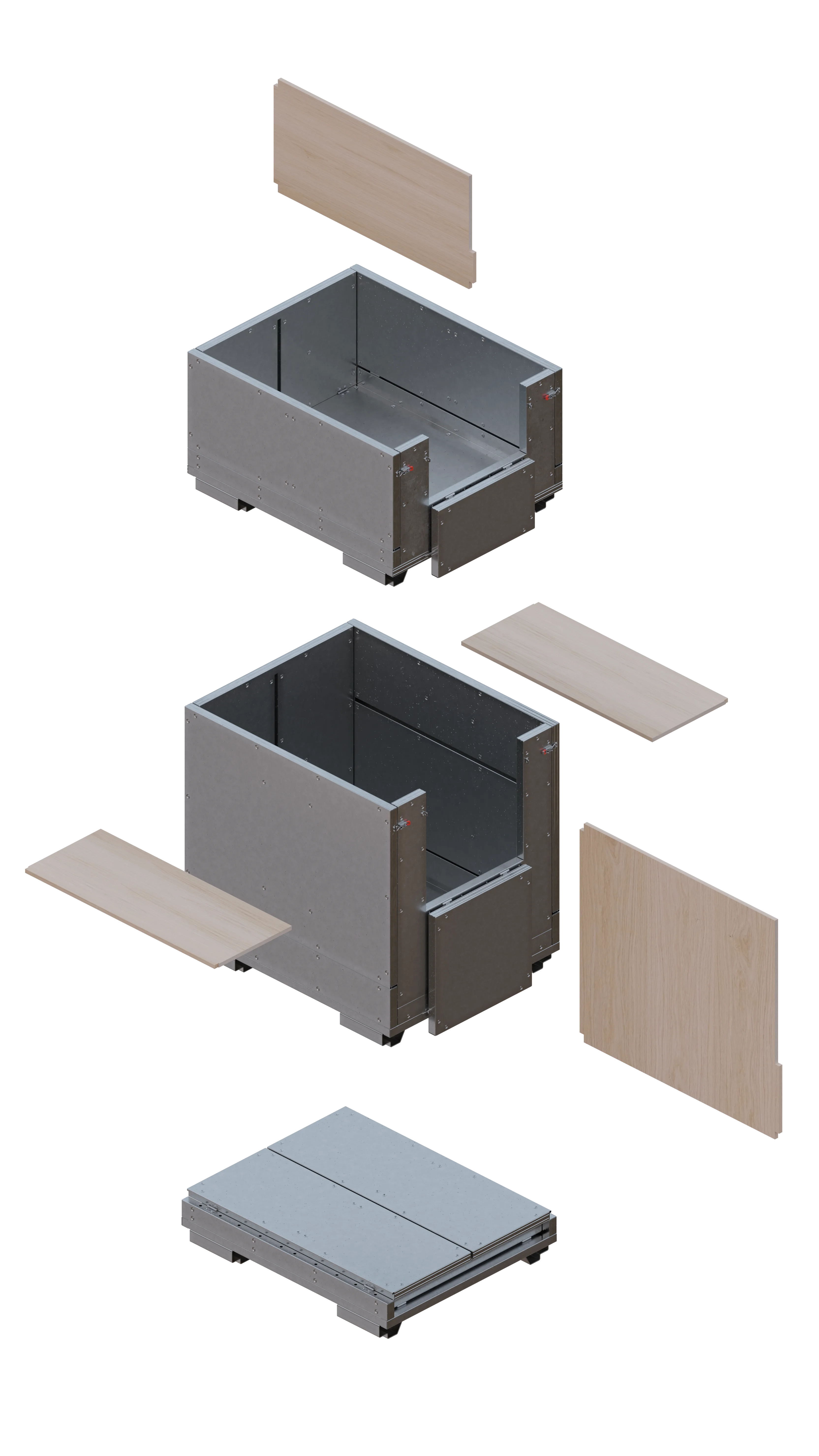 Exploded isometric drawing of a folding bin on a black ground: the steel body, the two removable divider panels and the base shown separated out and stacked in order
