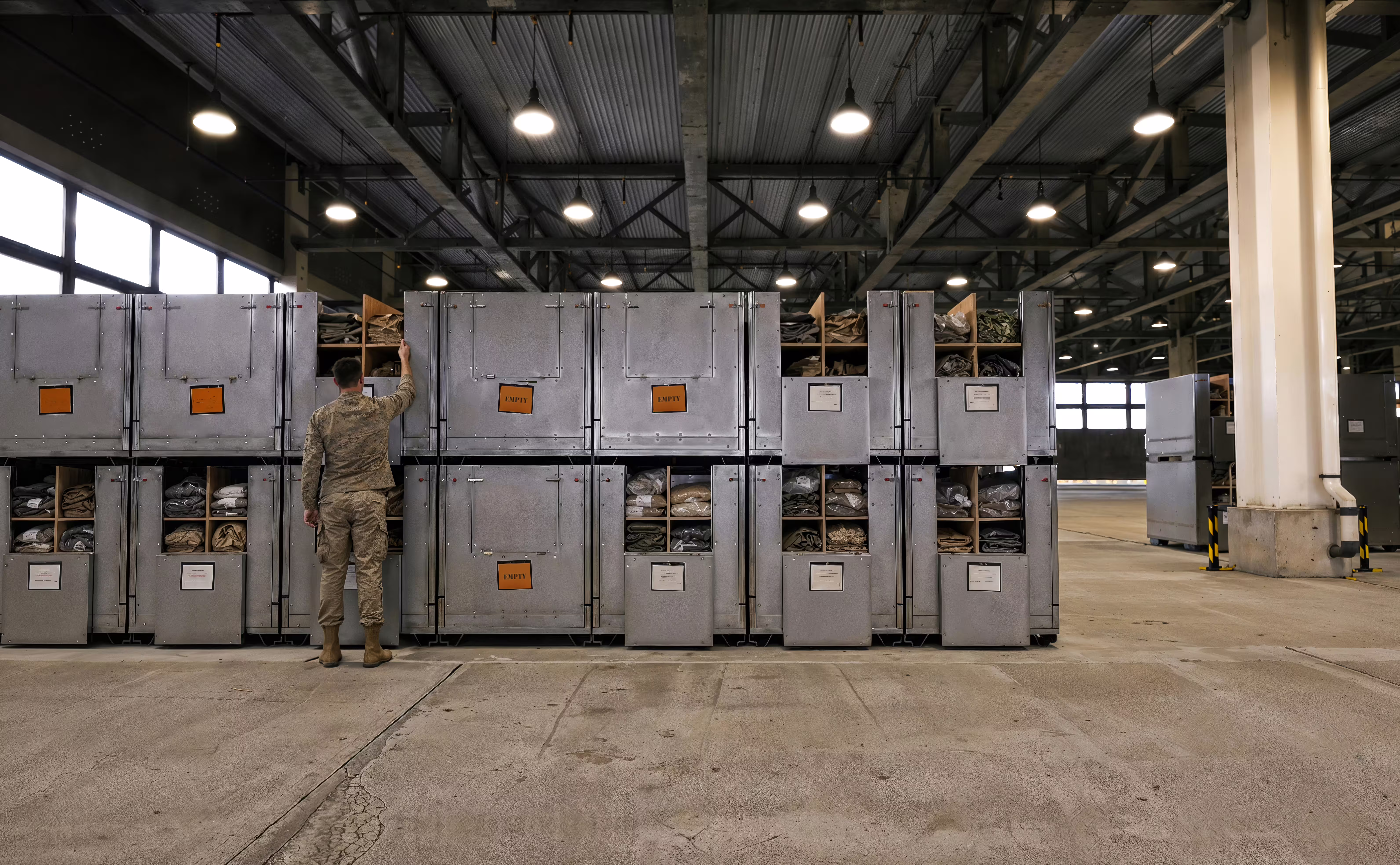 A long run of grey steel folding bins stacked two high inside a hangar, orange latch markers along their fronts and one bin open with a person working at it