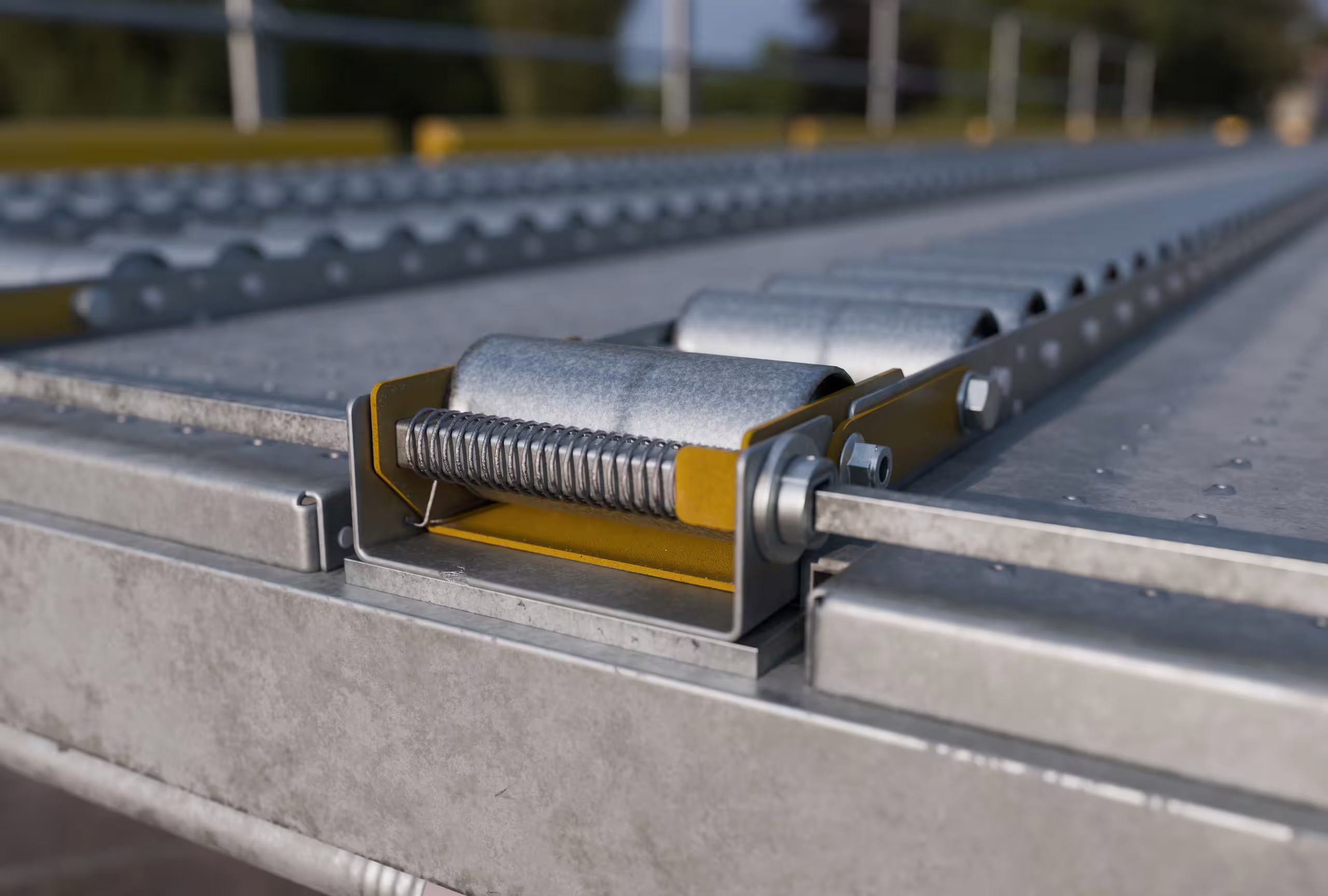 Close-up of a stainless steel roller and its spring mounting on the galvanized deck of an Air Cargo Dock table