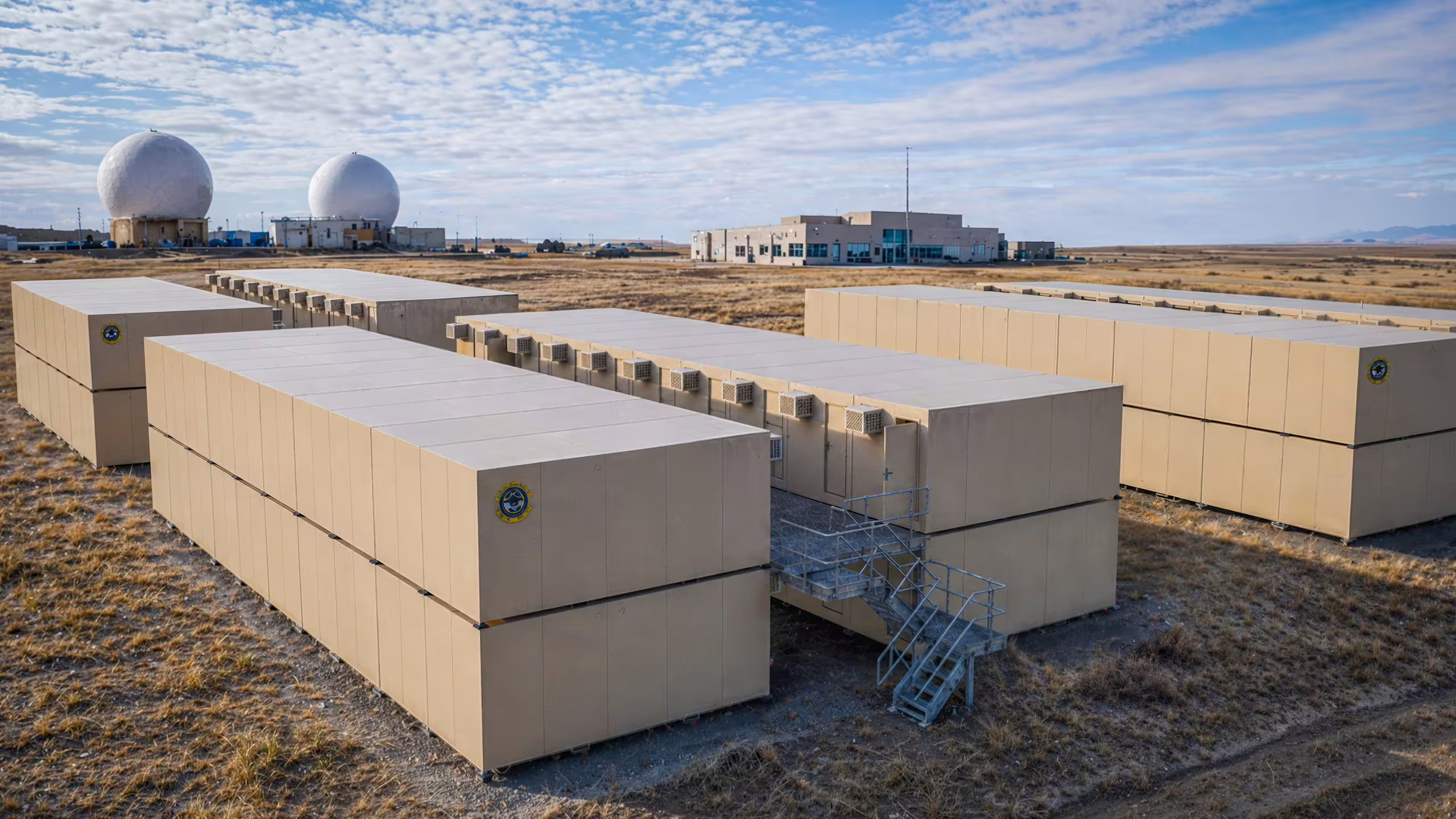 Long billeting lines of BunkBox units laid out across open ground, each row stacked two high with air-conditioning units ranged along the flank and galvanised access stairs between the rows