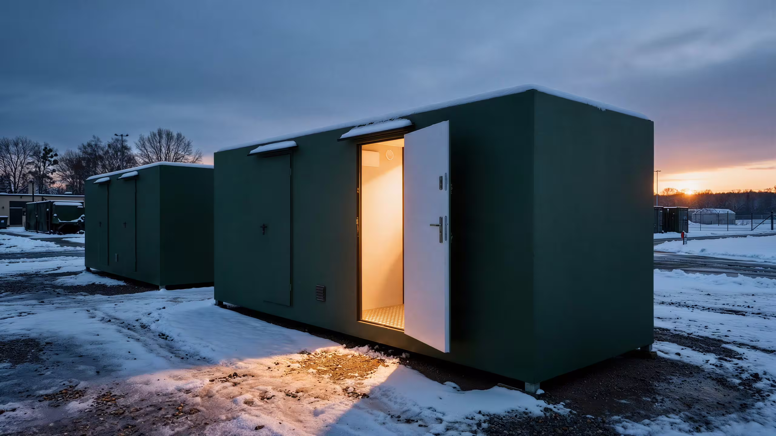 Visualisation of two green BunkBox units standing on snow-covered ground at dusk, the nearest with its personnel door swung open and the interior warmly lit, a low sun setting behind the treeline