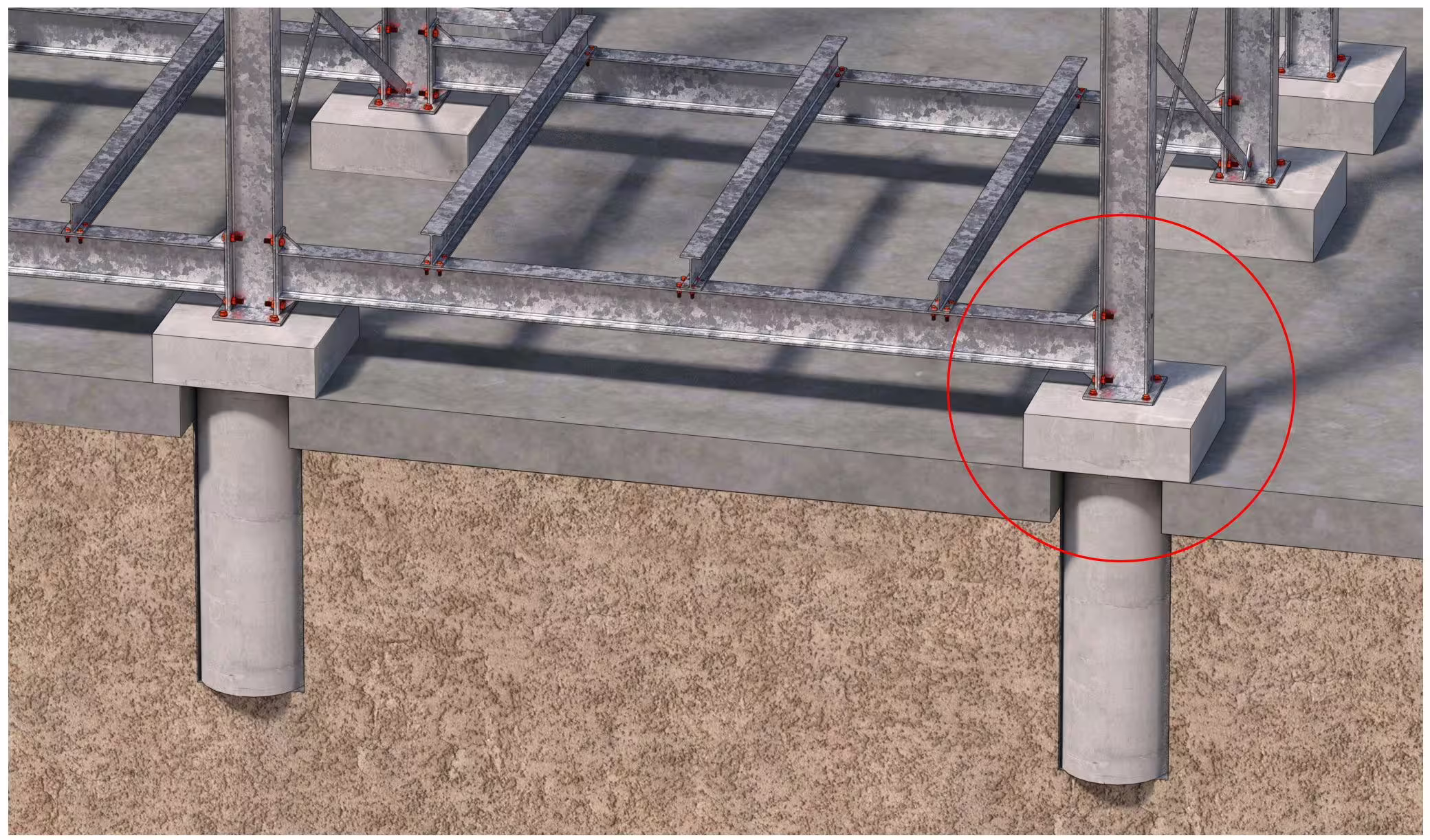 Cutaway render of a CargoRack mini-pile foundation: concrete piles driven under each leg, cross-tied at the base with I-beam sections, the rack bolted to the pile tops