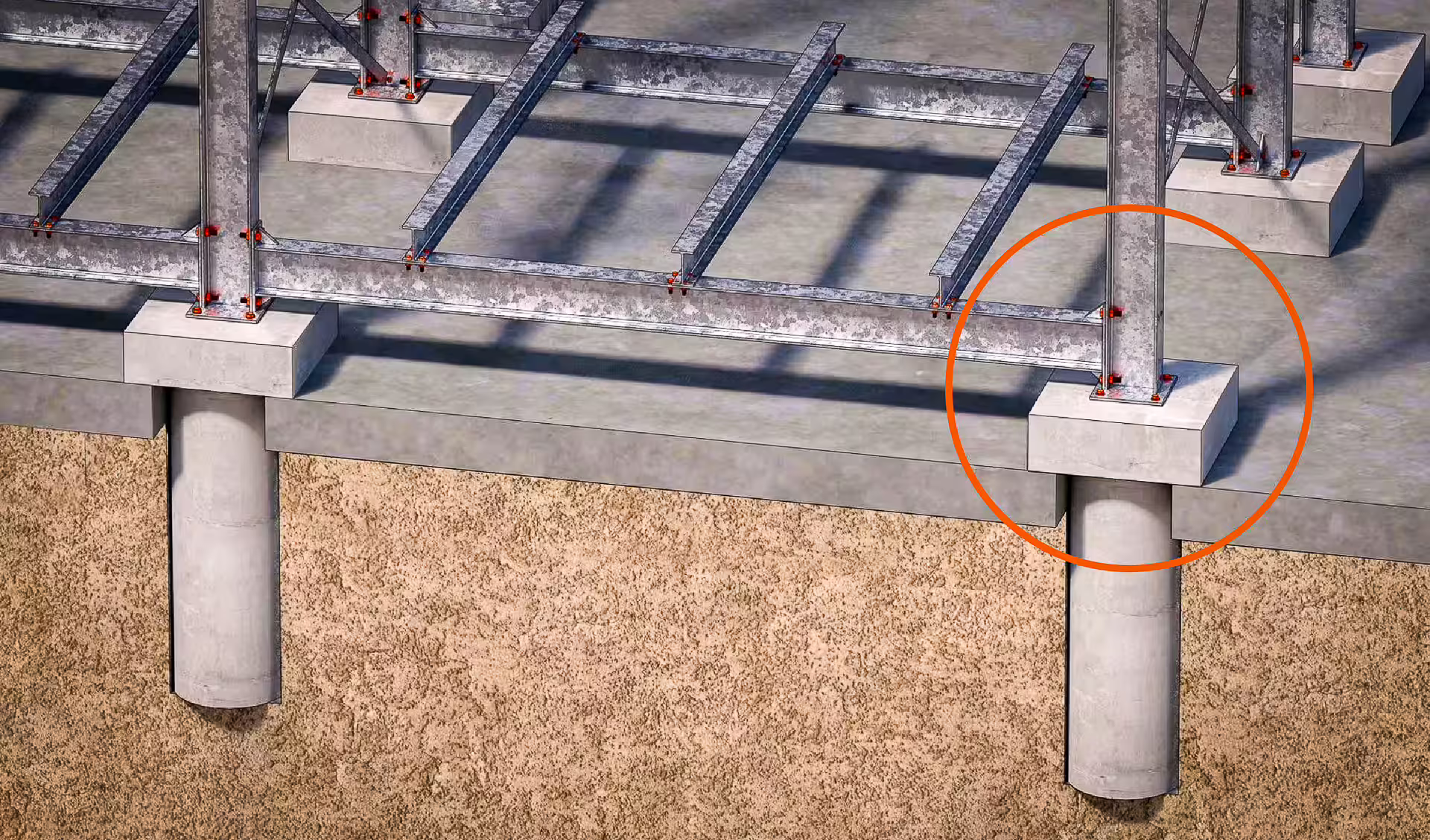 Cutaway render of a CargoRack mini-pile foundation: concrete piles driven under each leg, cross-tied at the base with I-beam sections, the rack bolted to the pile tops