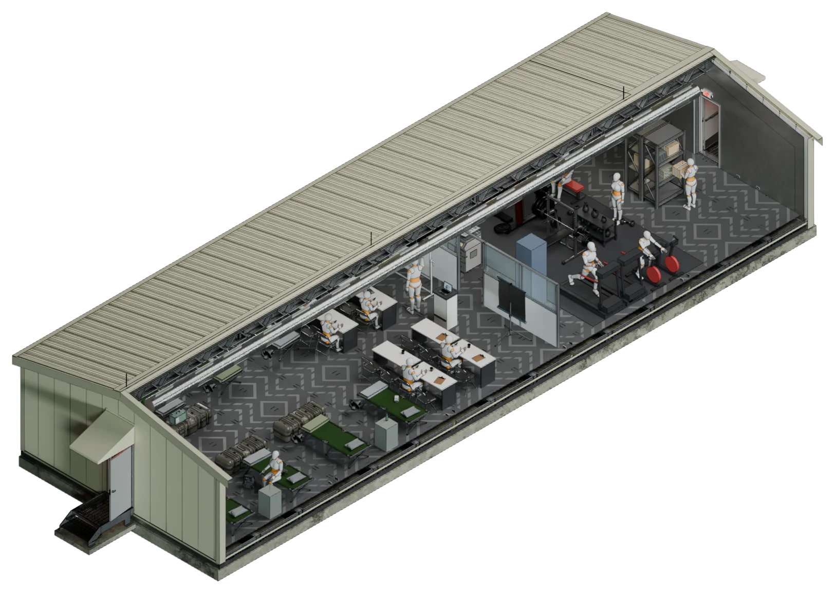 Cutaway of a DMTSS/2 shelter divided into four uses along its length: accommodation, classroom, gym and warehouse