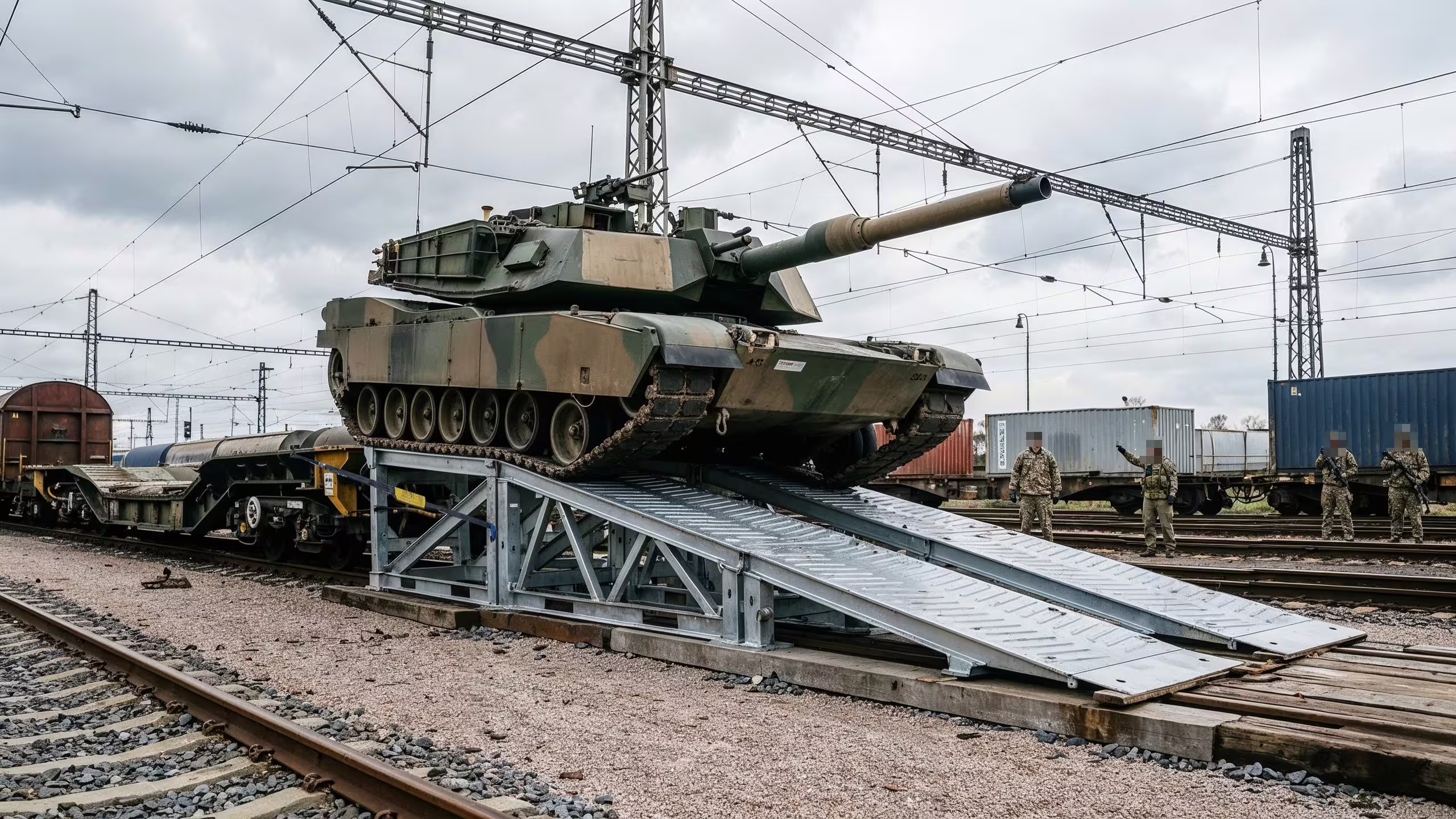 A main battle tank standing on a rail flatcar with a galvanised MUDR-PD90 ramp deployed against it, the deck plates laid out across the ballast and soldiers standing clear alongside the train