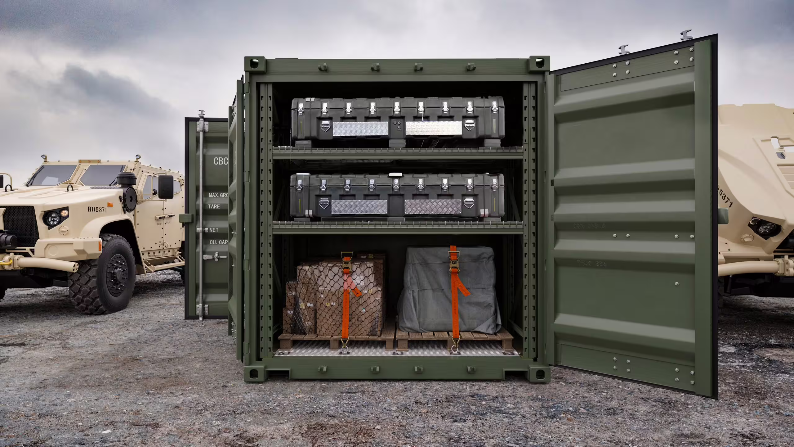 A Rackbox container square-on from the end with both door leaves swung wide, two tiers of shelved transit cases above and two netted pallets strapped to the tray floor below