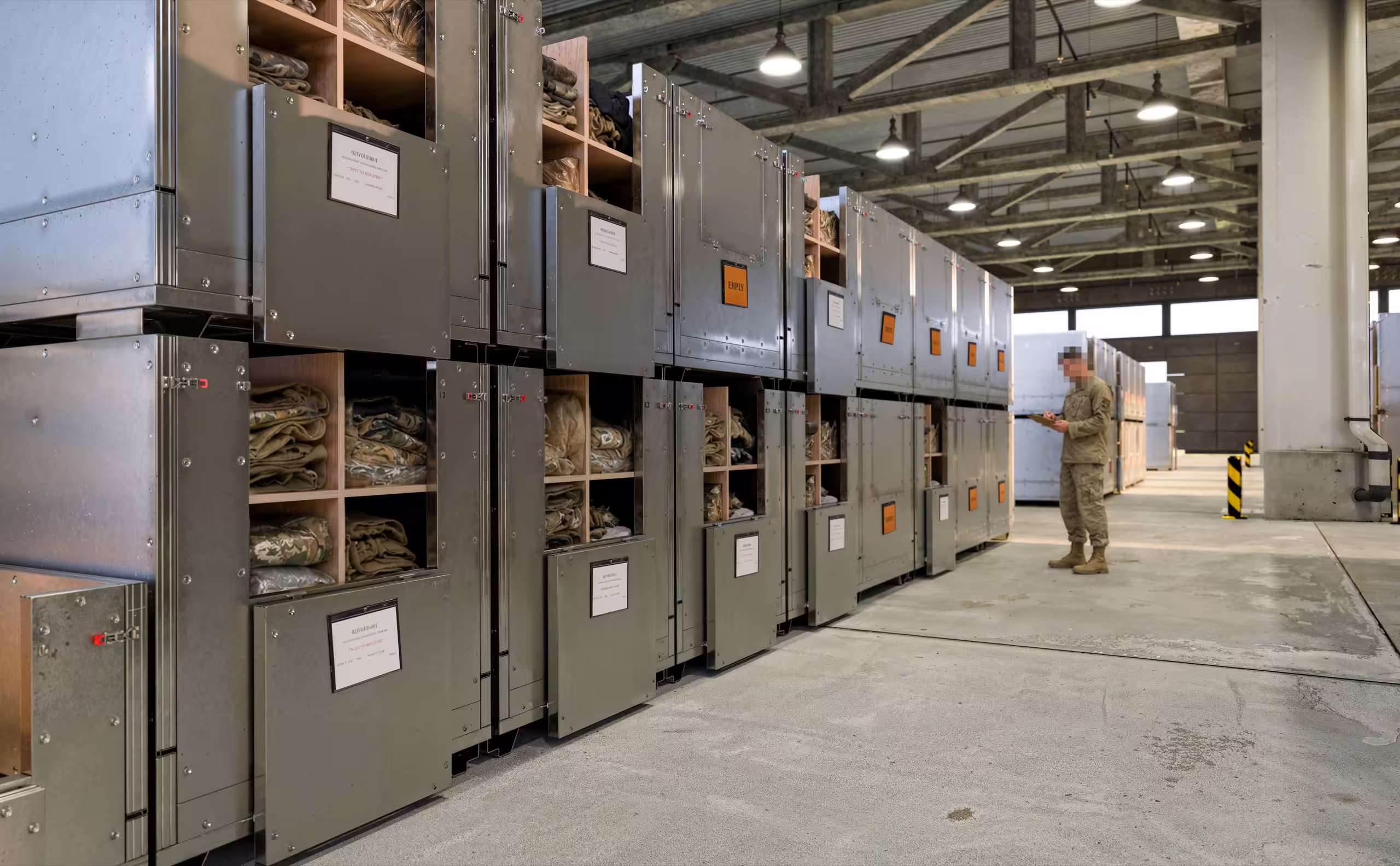 Rows of Folding Bins stacked two high in a warehouse, front panels folded down to show shelves of folded uniforms, while a soldier checks the labelled bins with a clipboard