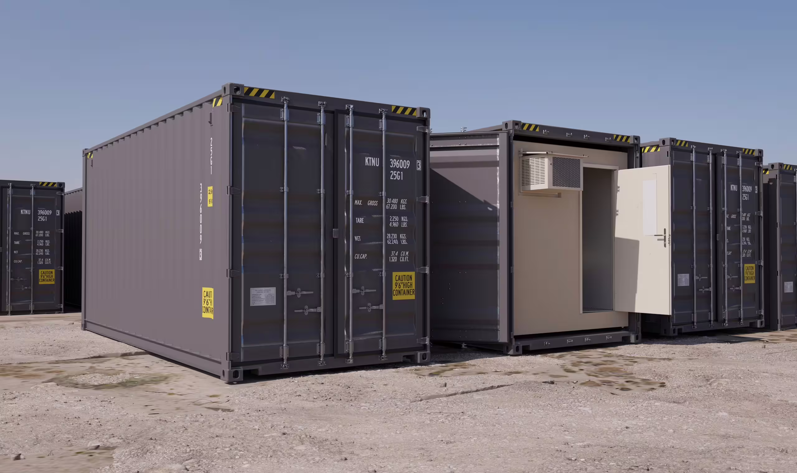 A BunkBox accommodation module fitted inside a standard steel shipping container, the container doors open to show the module's personnel door and wall-mounted air-conditioning unit