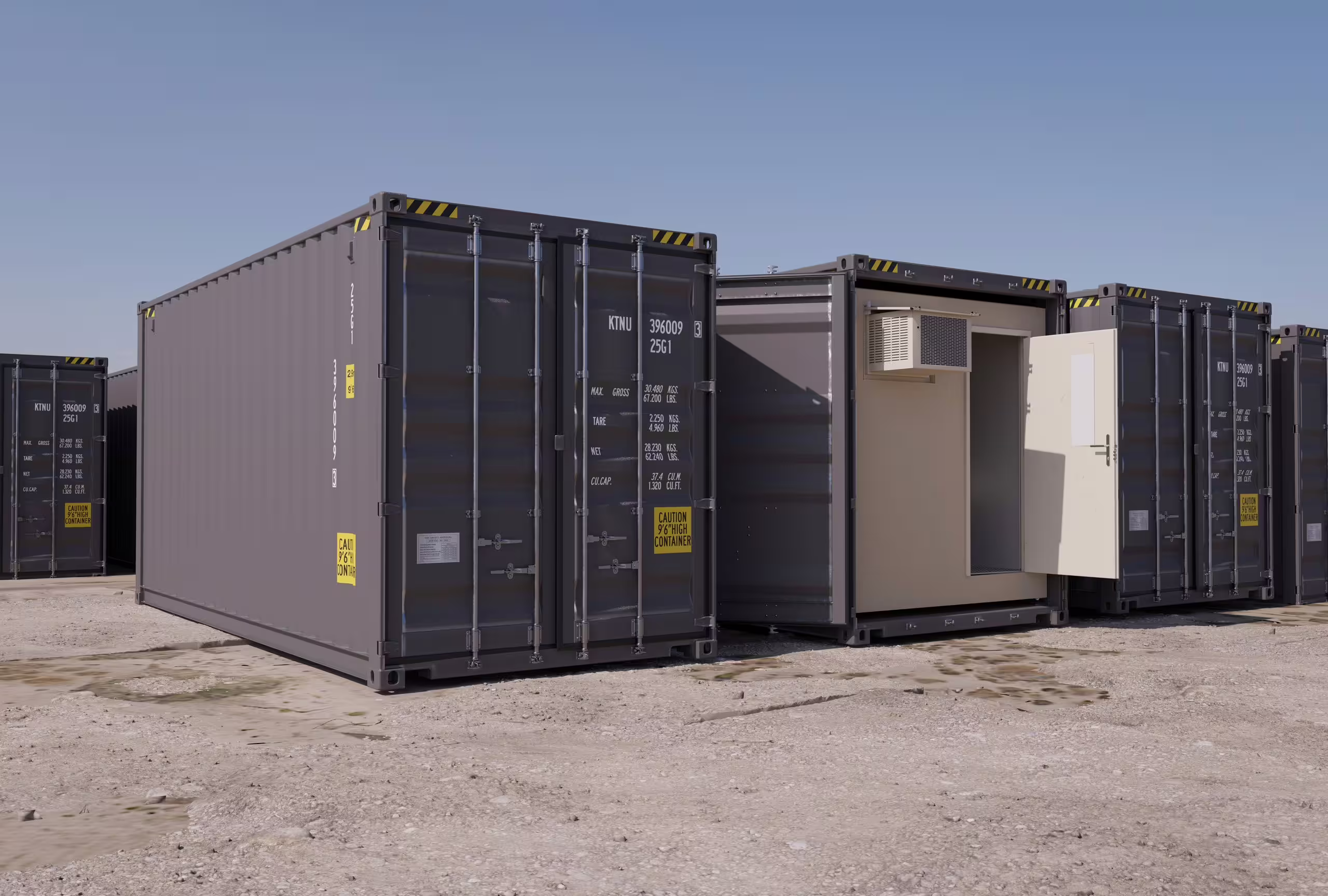 A BunkBox unit on hardstanding beside standard ISO containers, its accommodation end extended and the ventilation louvres visible.