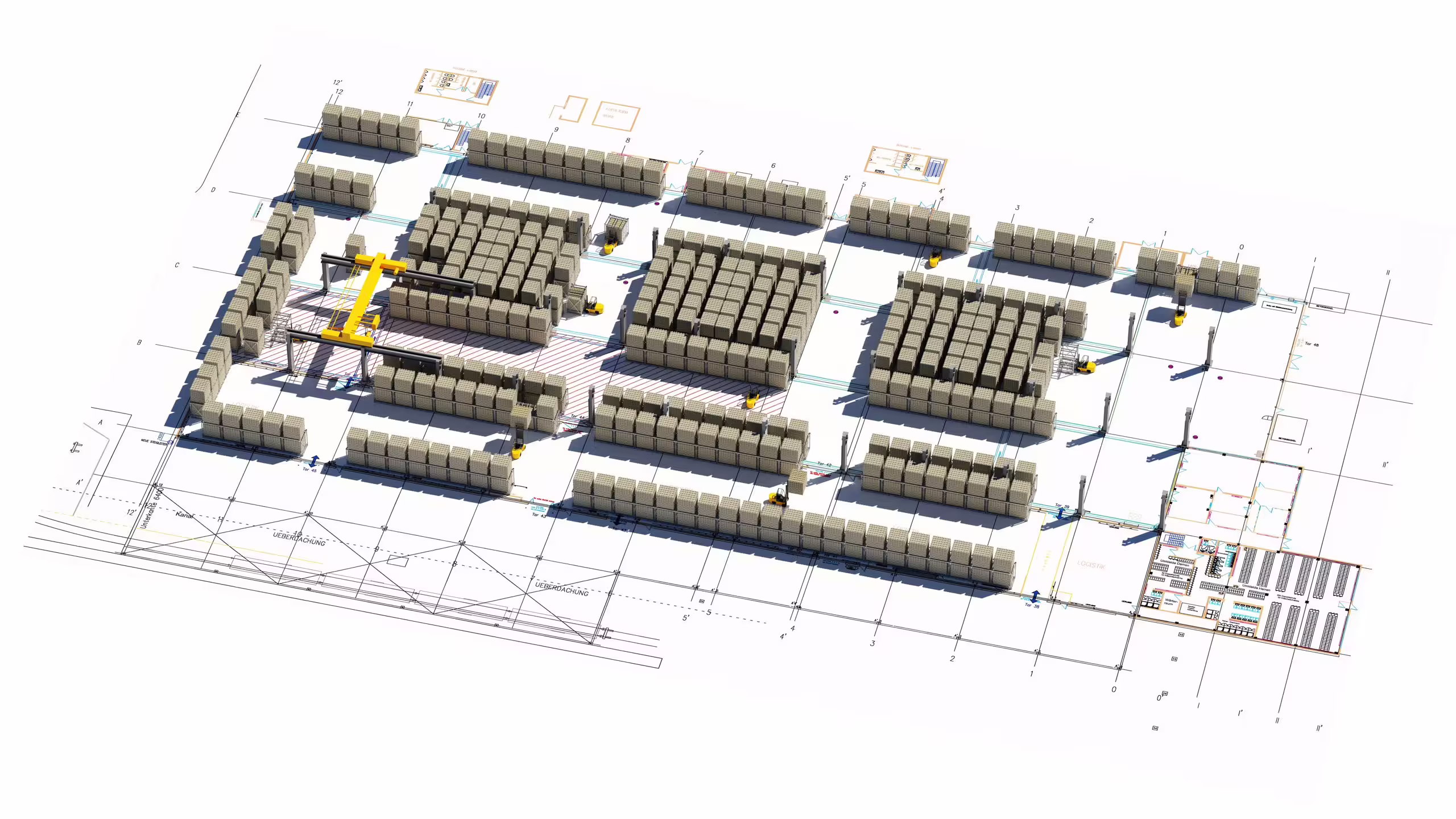 An isometric layout drawing of a warehouse filled with CargoCuber frames in blocks and rows, with aisles, handling equipment and floor markings indicated