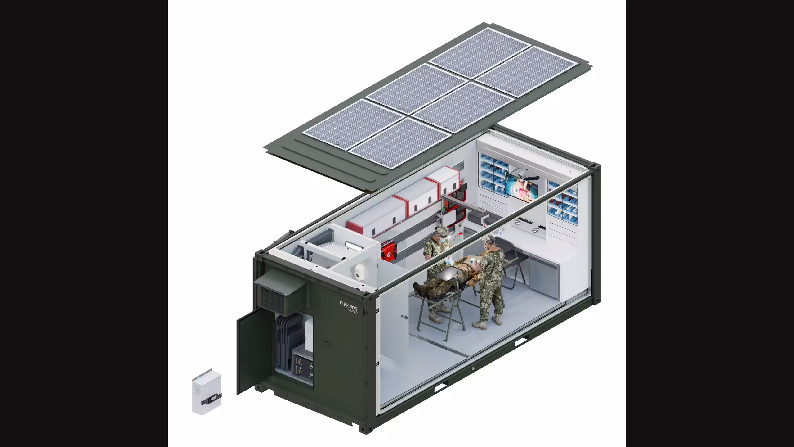 A cutaway of the clinic pod with the roof lifted clear, showing the solar array above and the fitted treatment bay, storage and services inside.