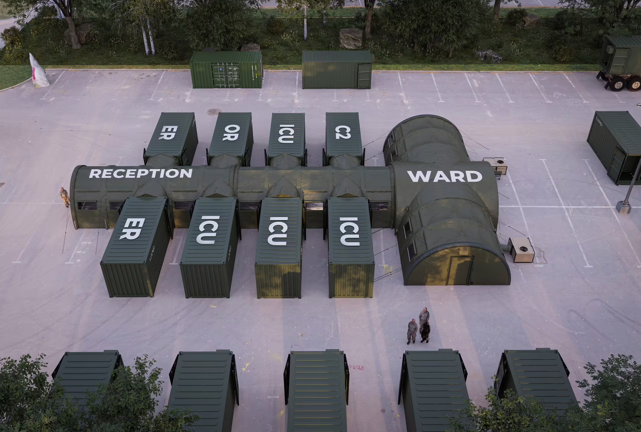 An aerial view of a field medical facility built from linked pods, each marked for its function — reception, ER, ICU, C2 and ward — with soft-wall sections between them.