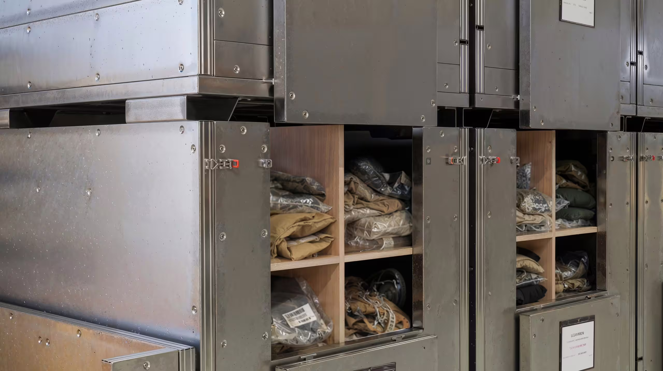 Two folding bins stacked with their fronts dropped open, the interiors split by timber dividers into compartments of different sizes, each holding folded kit and stores