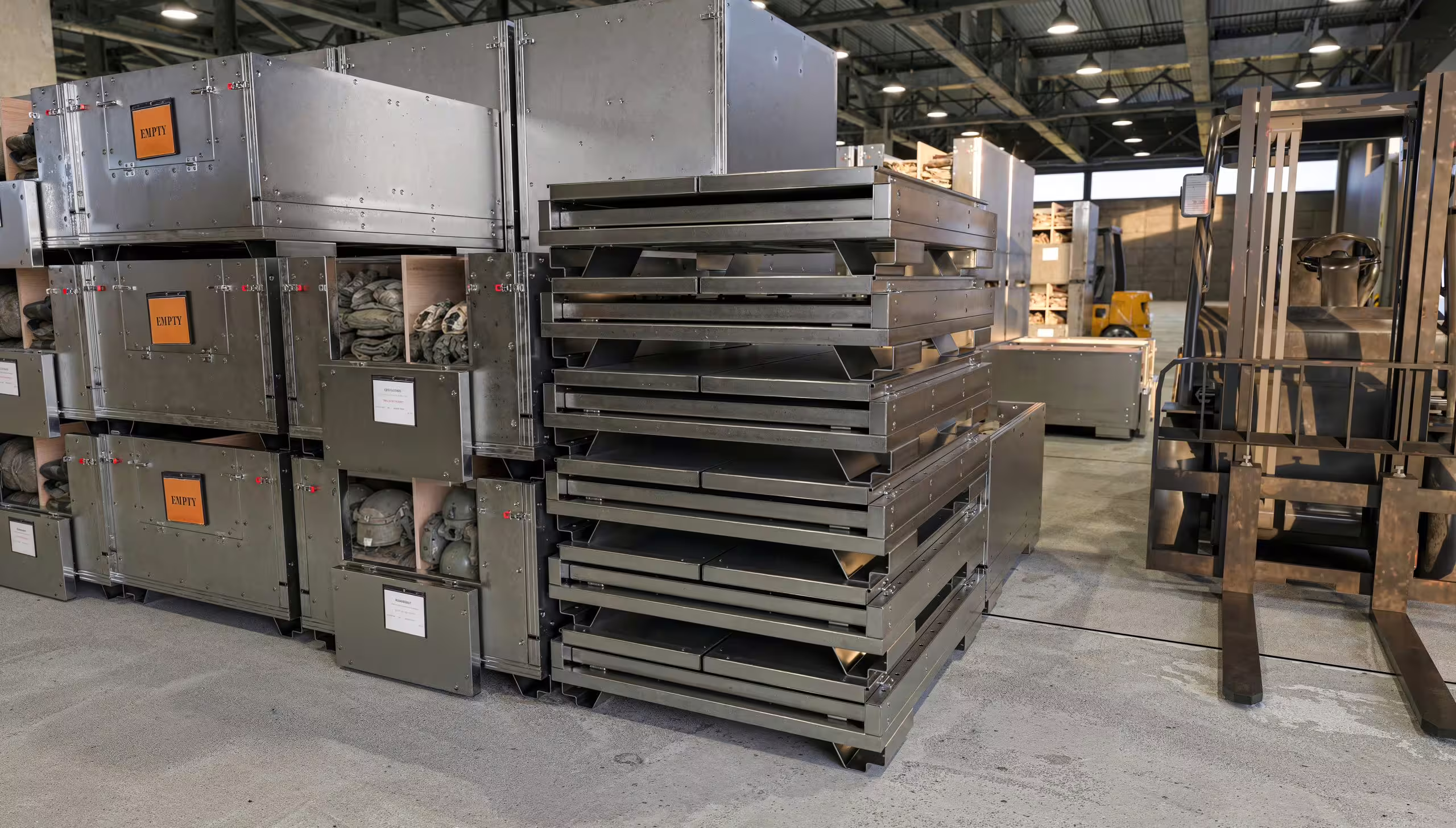 Folding bins stacked in a bay with a full set of timber divider trays drawn out on their runners, showing how the internal shelving is carried and removed, a forklift standing by
