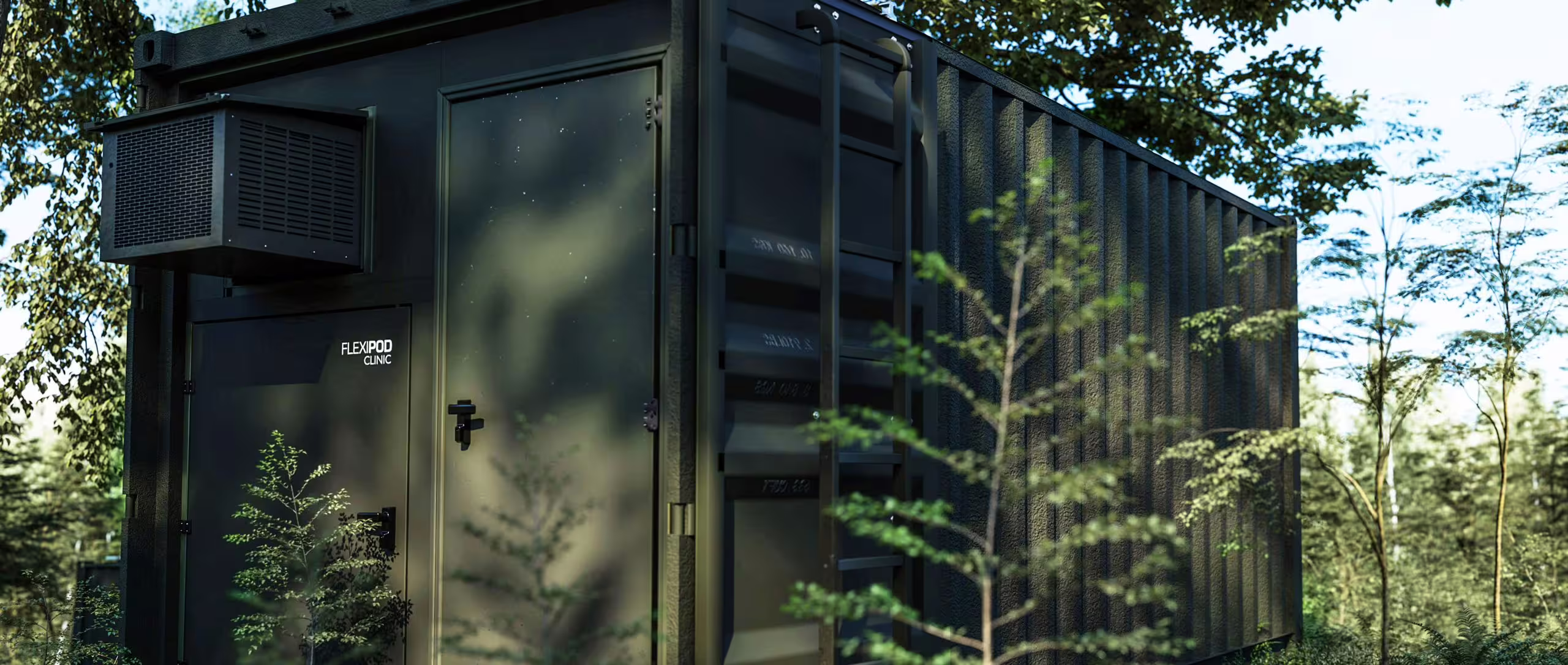 A dark green FLEXIPOD Clinic pod standing among young trees, its roof-mounted air-handling unit visible above the personnel door and dappled light across the container side