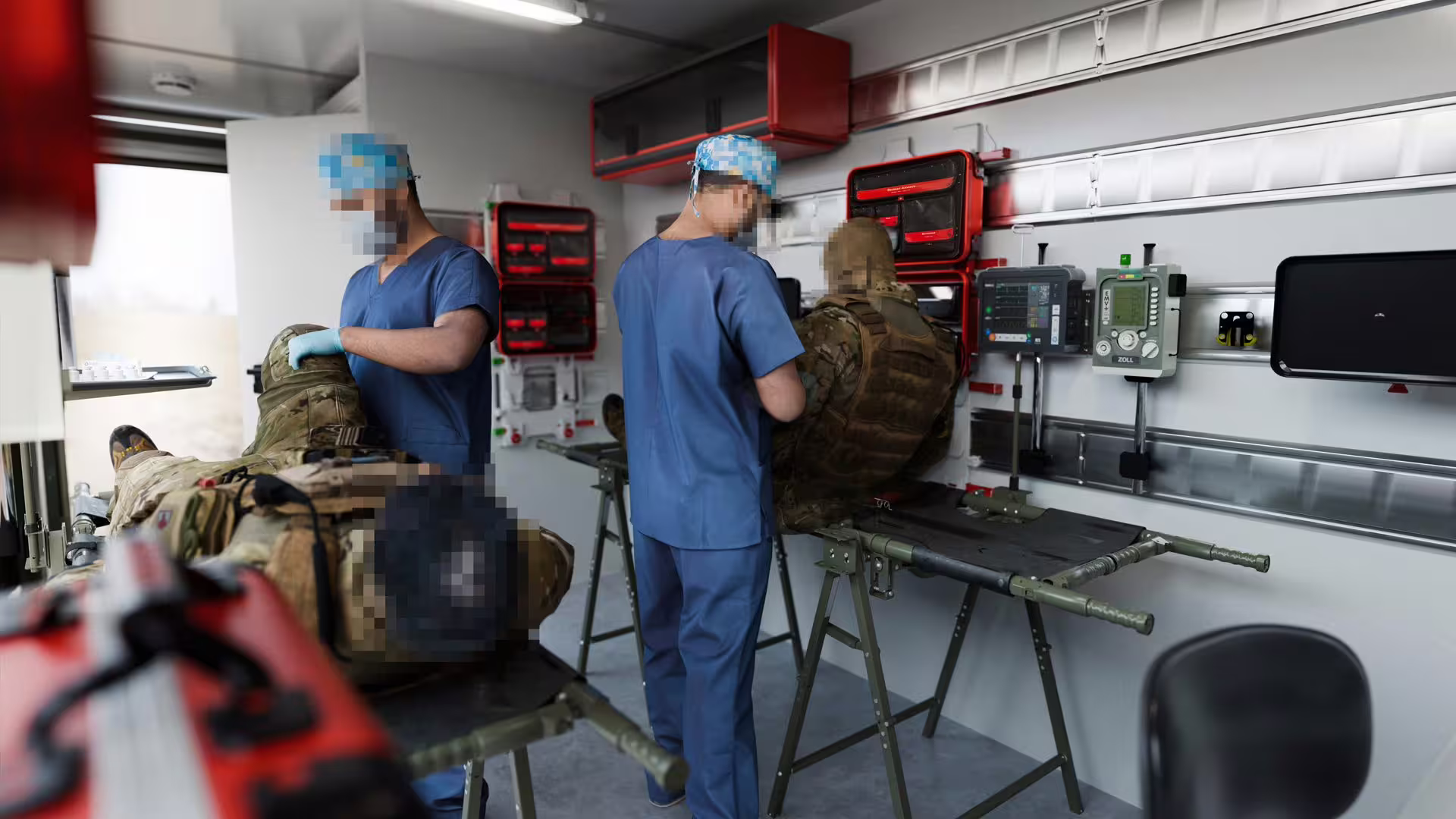 A surgical team works at a casualty on a trolley in the clinic interior, instruments and red equipment racks along the wall behind.