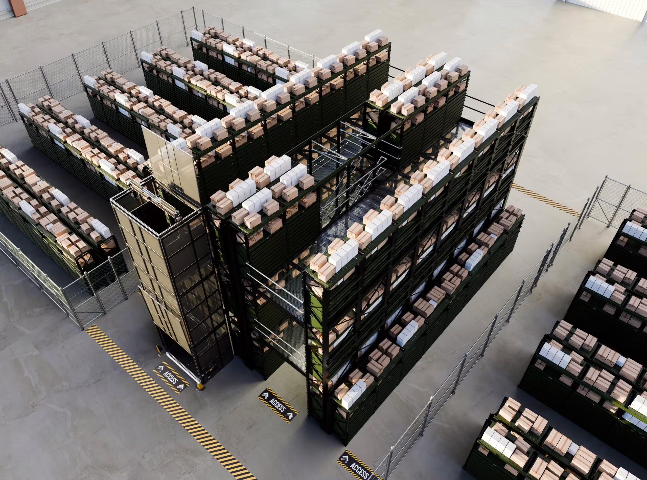 An overhead view of a multi-level RackMezz installation, black racking packed with boxed stock across several runs, with access gates and yellow floor markings between them