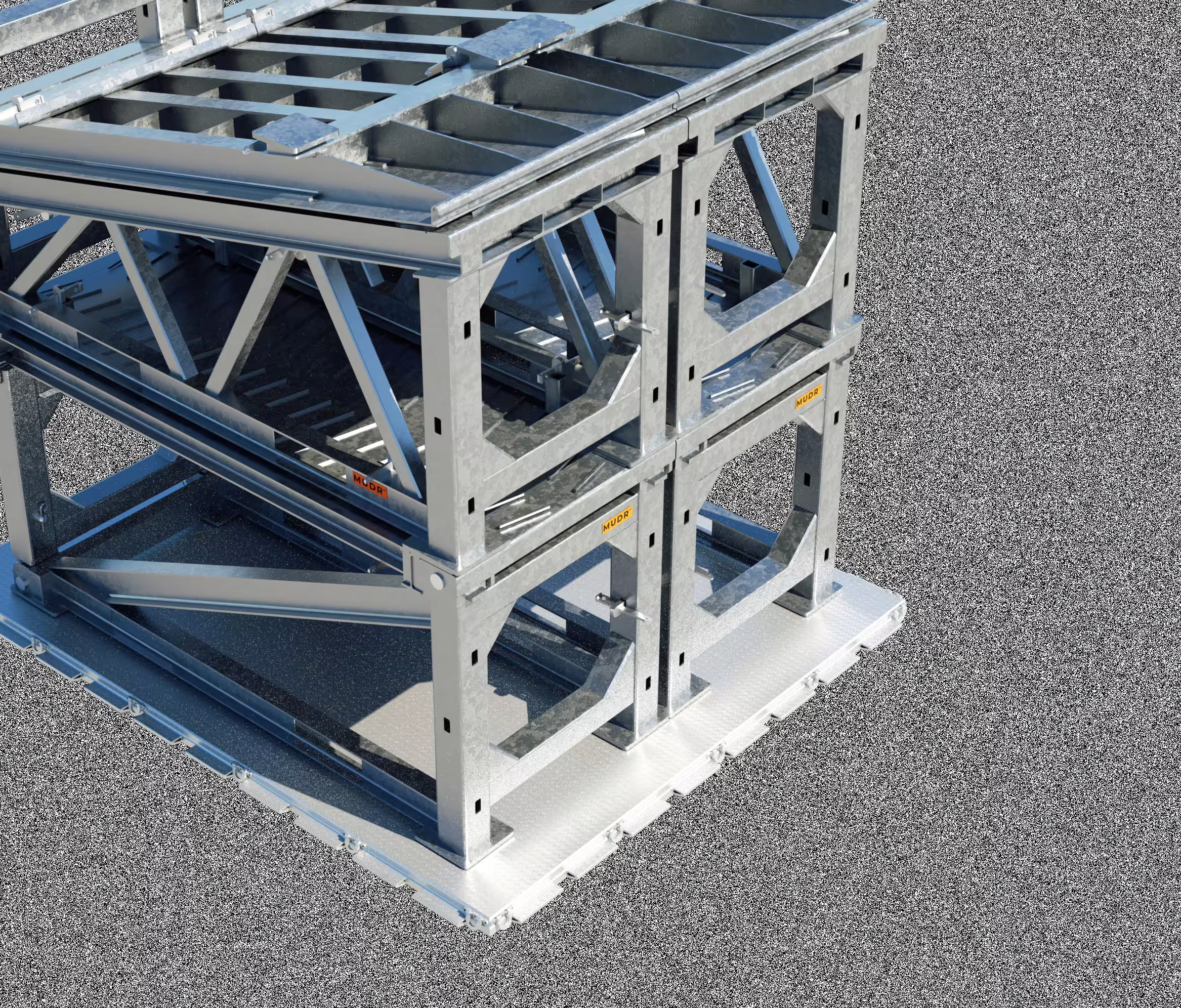 A galvanised MUDR-PD90 ramp frame rendered in isolation, its welded lattice sides and cross-bracing shown from a three-quarter view