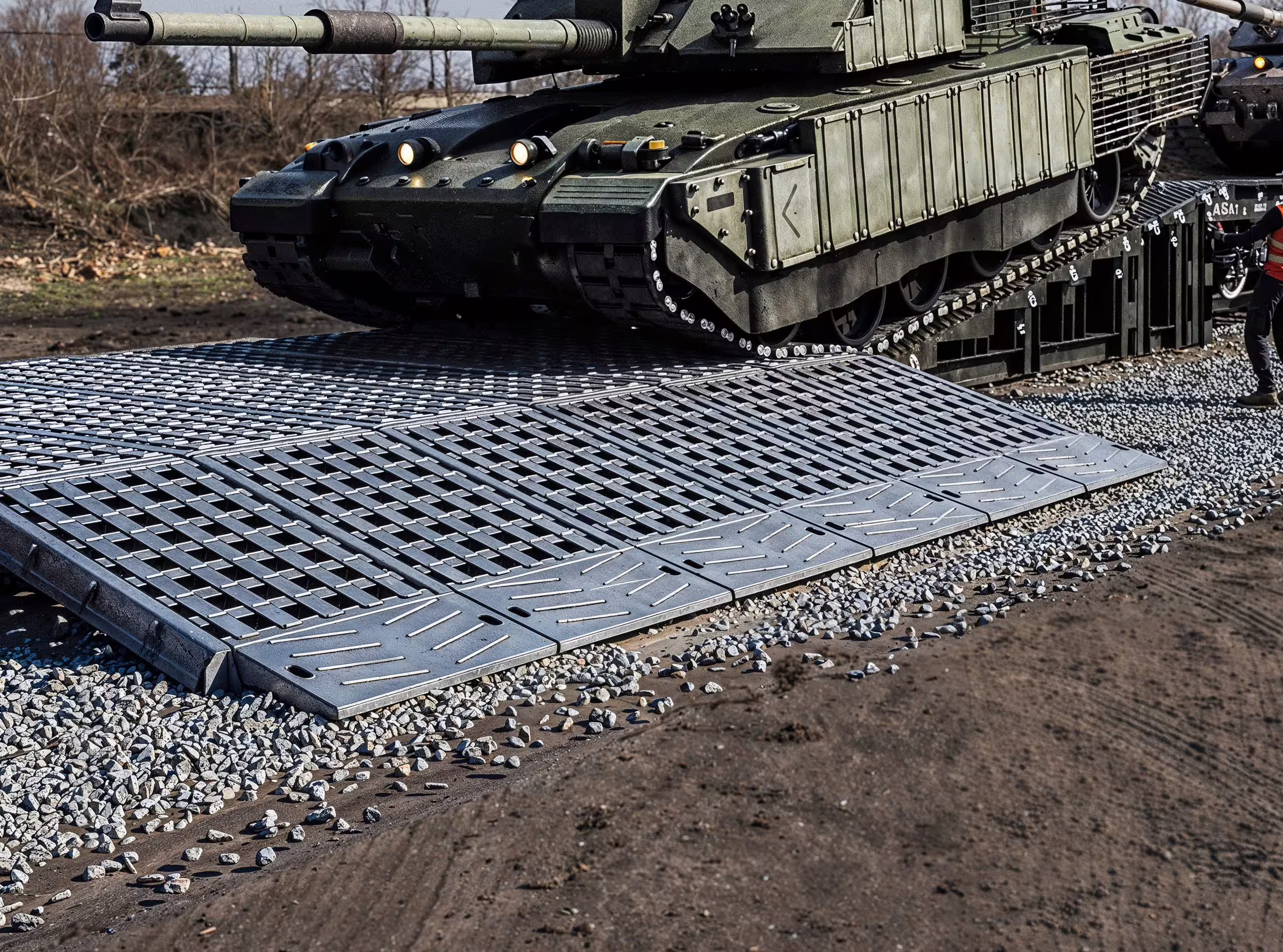 The perforated steel surface of an RM90 rail mat laid over ballast and sleepers, a tracked armoured vehicle standing on it at the top of the frame