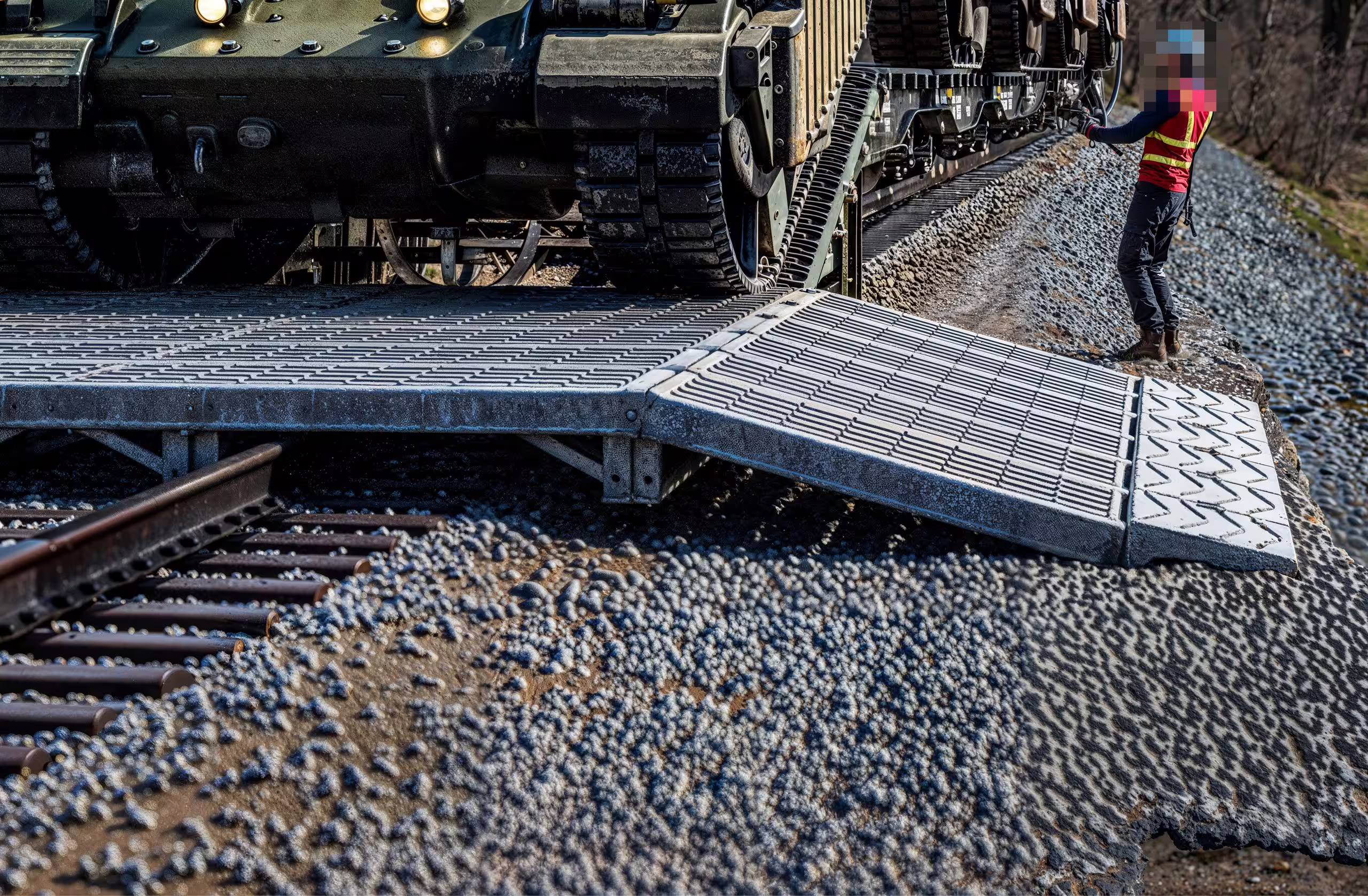 The approach edge of an RM90 rail mat meeting the ballast and sleepers, its ribbed ramp plate angled down to ground level with a marshal in hi-vis alongside