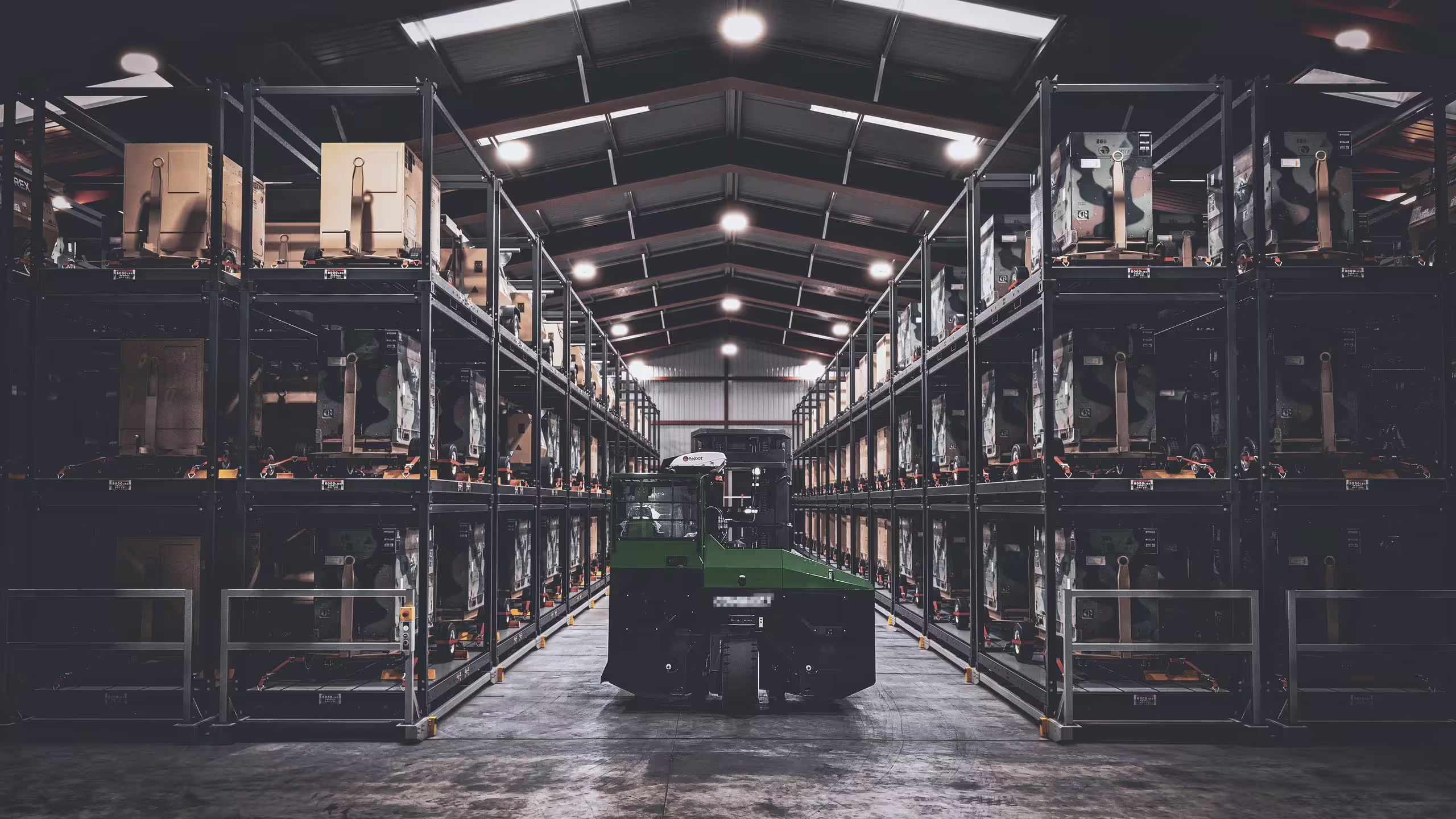 A dark warehouse aisle running to a vanishing point with RollingStack crates stacked three levels high on both sides, each level carrying strapped equipment, and a green tracked vehicle parked at the far end
