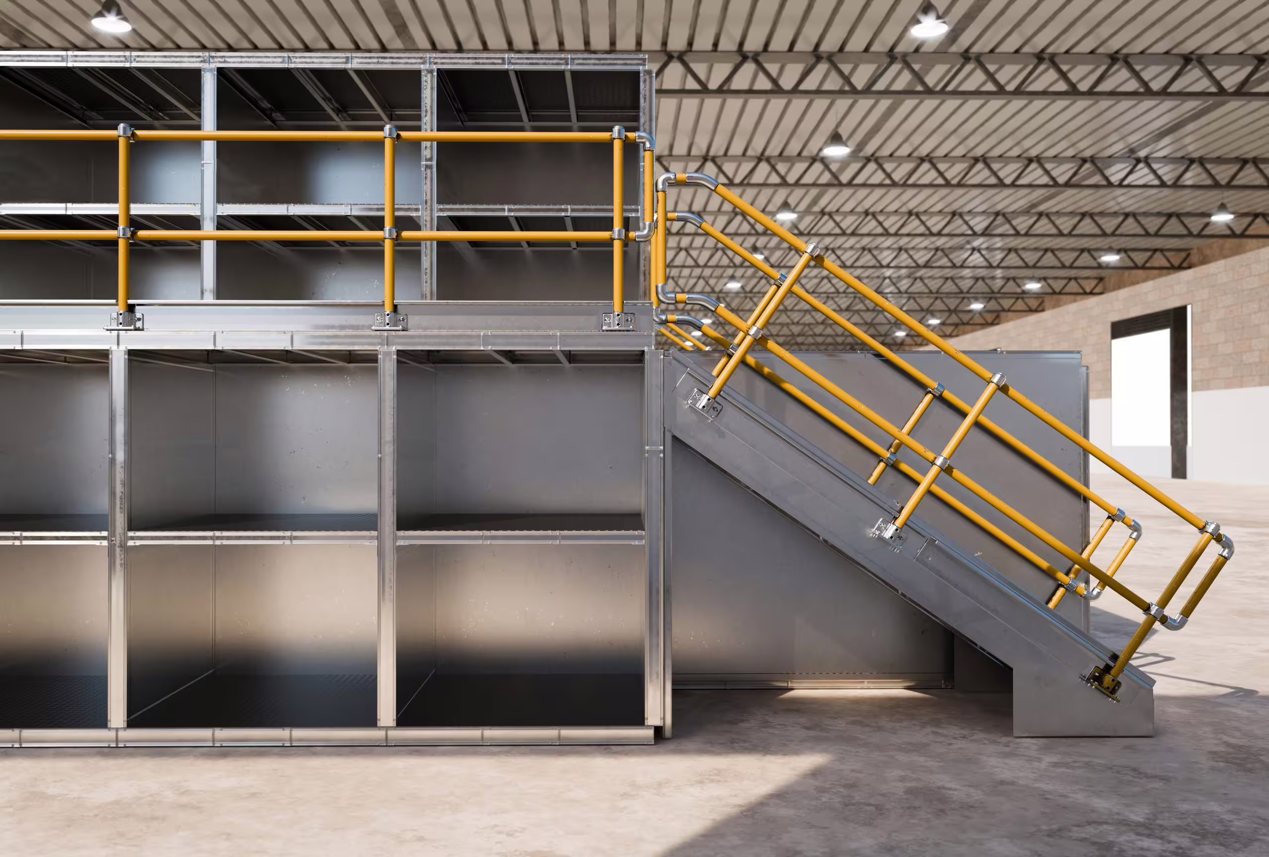 Render of one SpaceCuber bay seen from the side in an empty warehouse: two levels of open galvanised shelving with a stair and yellow handrails fitted to one end, standing clear of the surrounding floor